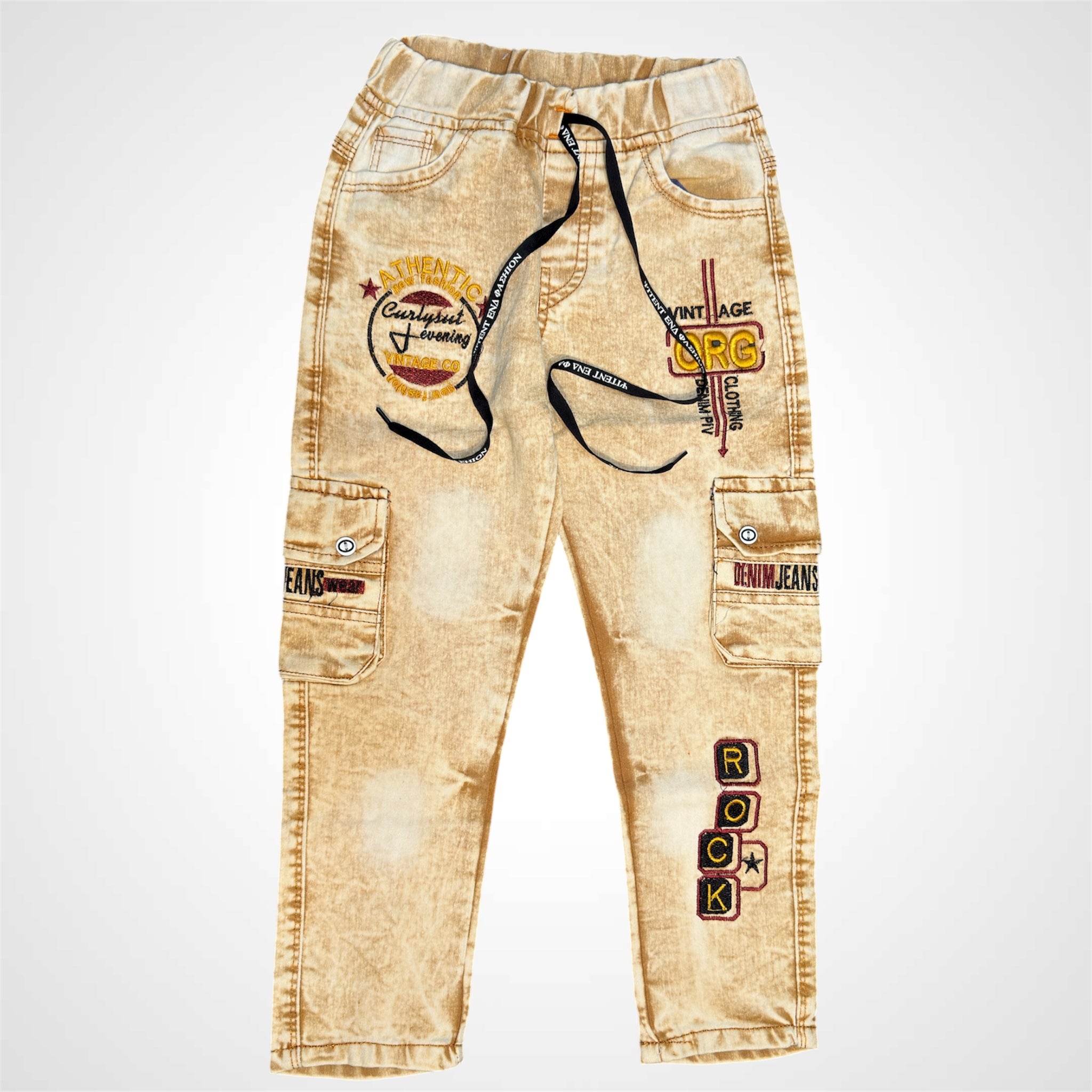 Boys' Trendy Rock-Style Cargo Denim Jeans - Vintage Wash, Patchwork & Elastic Waist