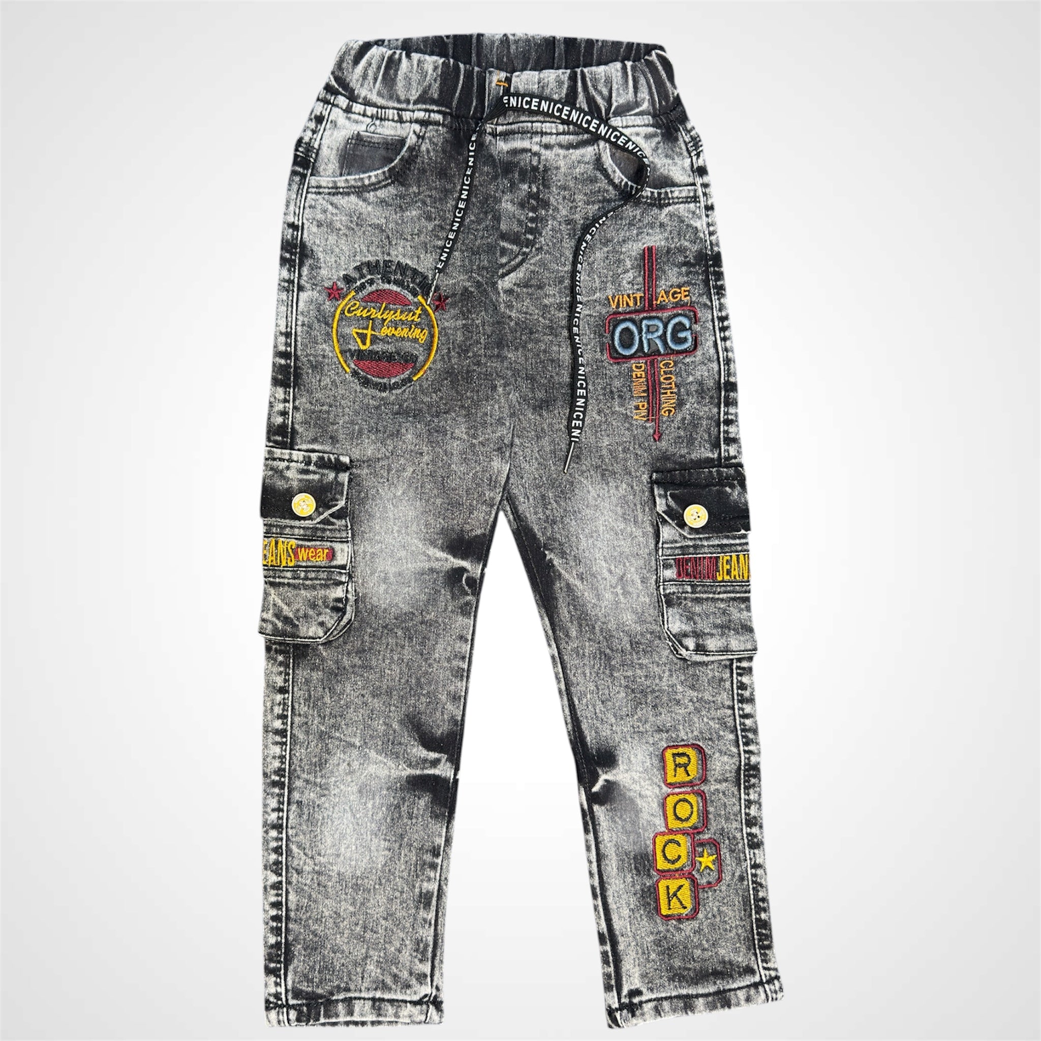 Boys' Trendy Rock-Style Cargo Denim Jeans - Vintage Wash, Patchwork & Elastic Waist