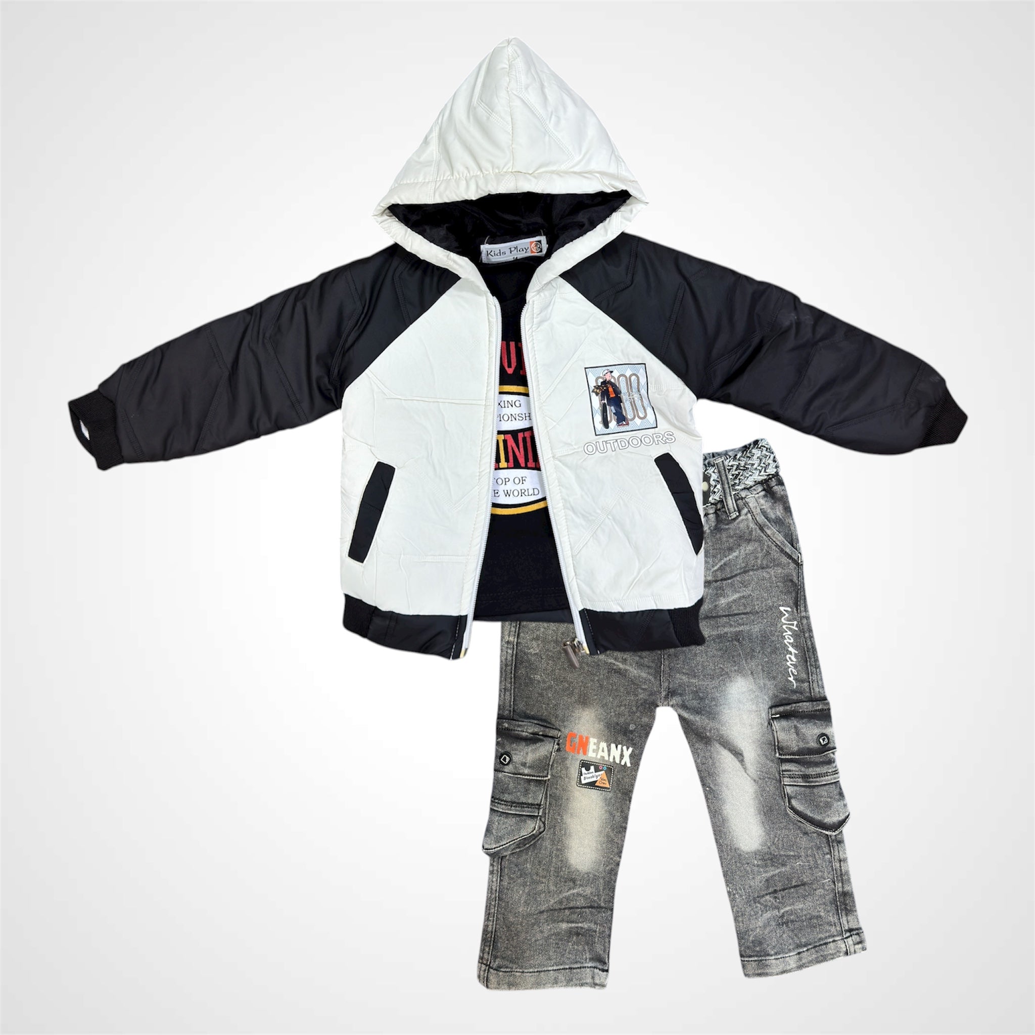 Boys' Trendy Outdoor 3-Piece Set - Hooded Padded Jacket, T-Shirt & Cargo Denim - Imported Staff