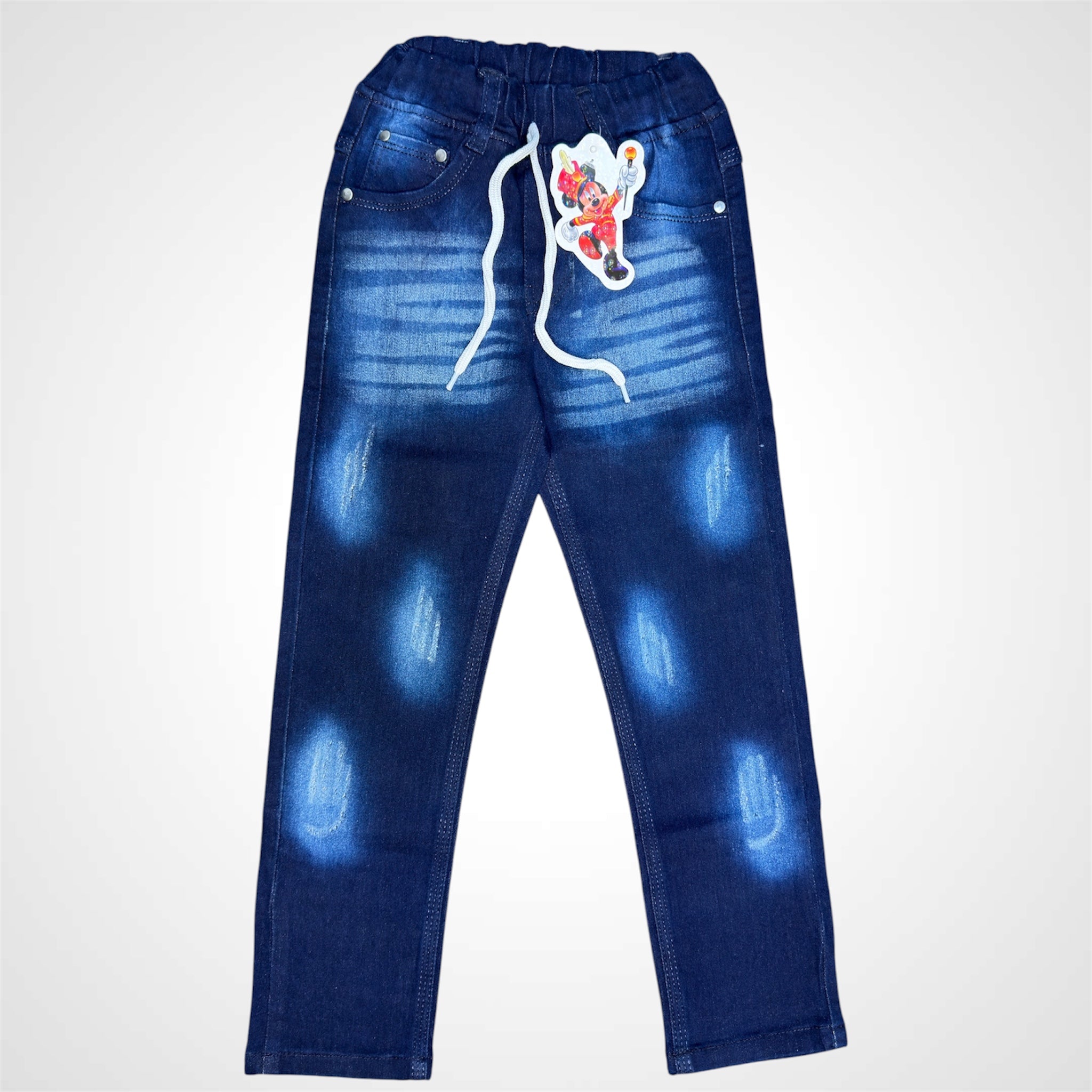Kids' Trendy Wash-Effect Denim Jeans - Distressed Style with Elastic Drawstring Waist