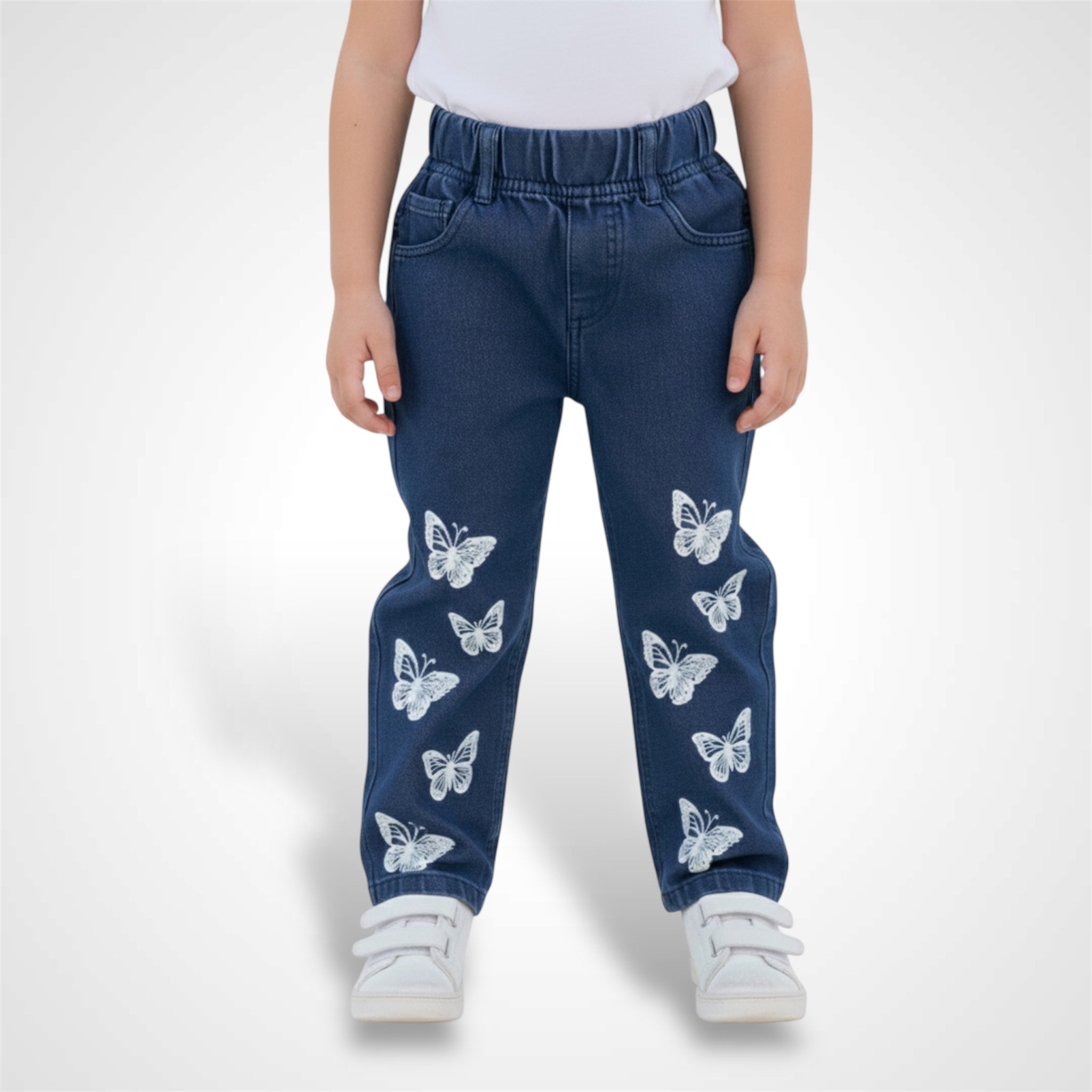Girls' Butterfly Print Black Denim Joggers - Comfortable Elastic Waist Pants