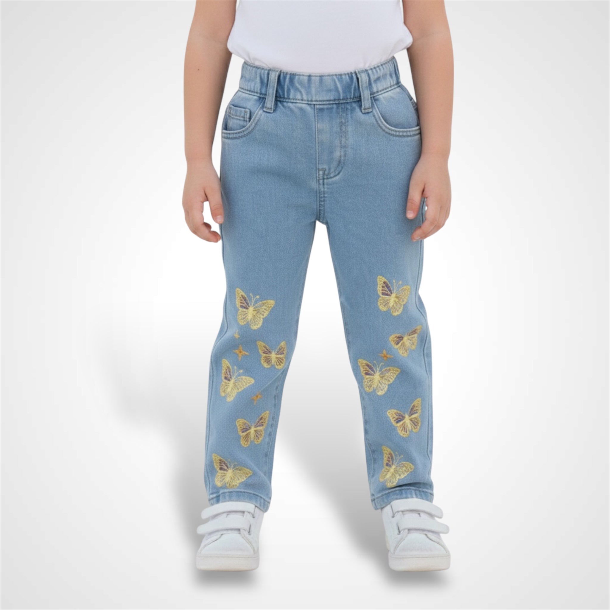 Little Girls' Golden Butterfly Blue Denim Pants with Comfort Waistband