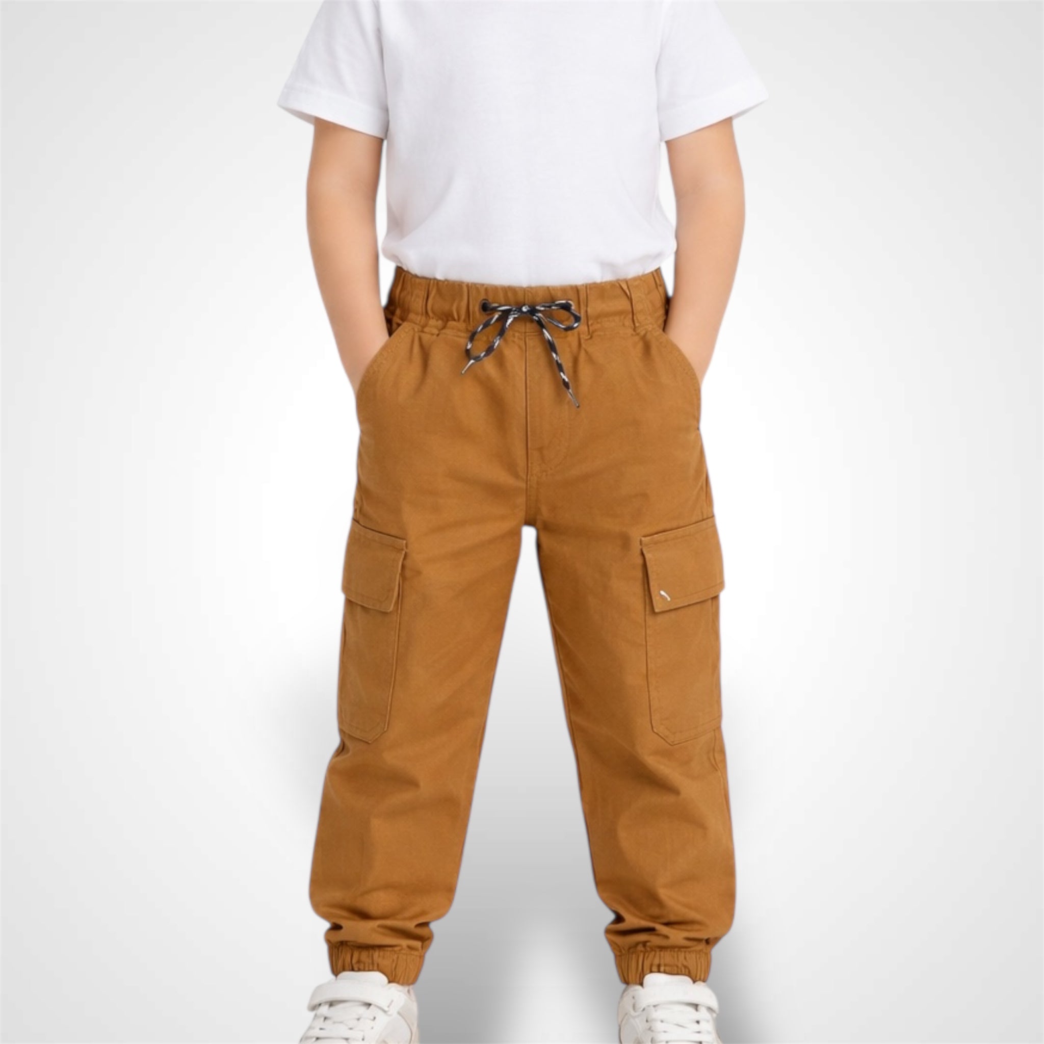High-quality cotton kids cargo pants with elastic drawstring waist and side utility pockets.