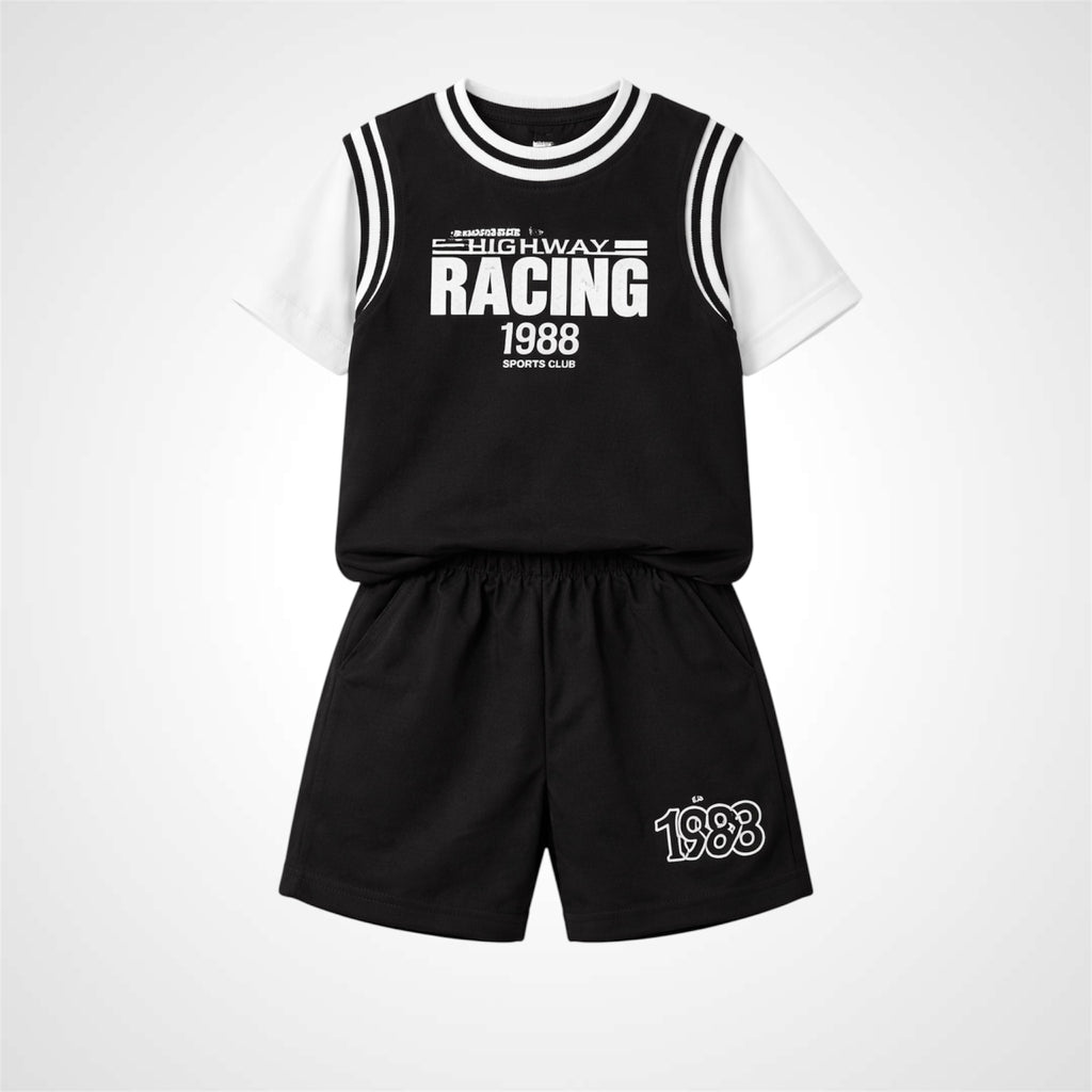 Kids' Athletic Racing Graphic T-Shirt & Shorts Two-Piece Summer Set
