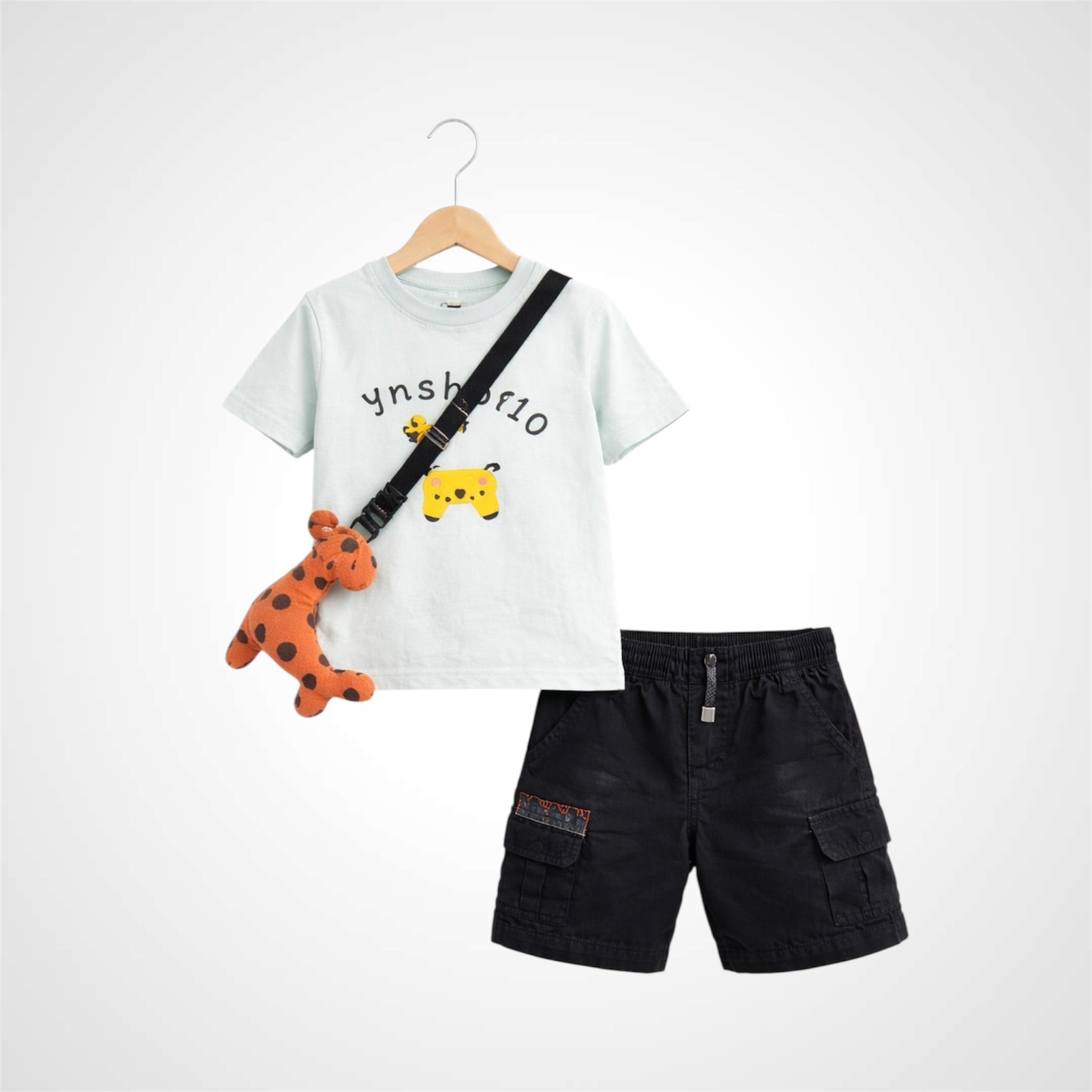 Kids Two-Piece Summer Outfit with Decorative Plush Toy Bag