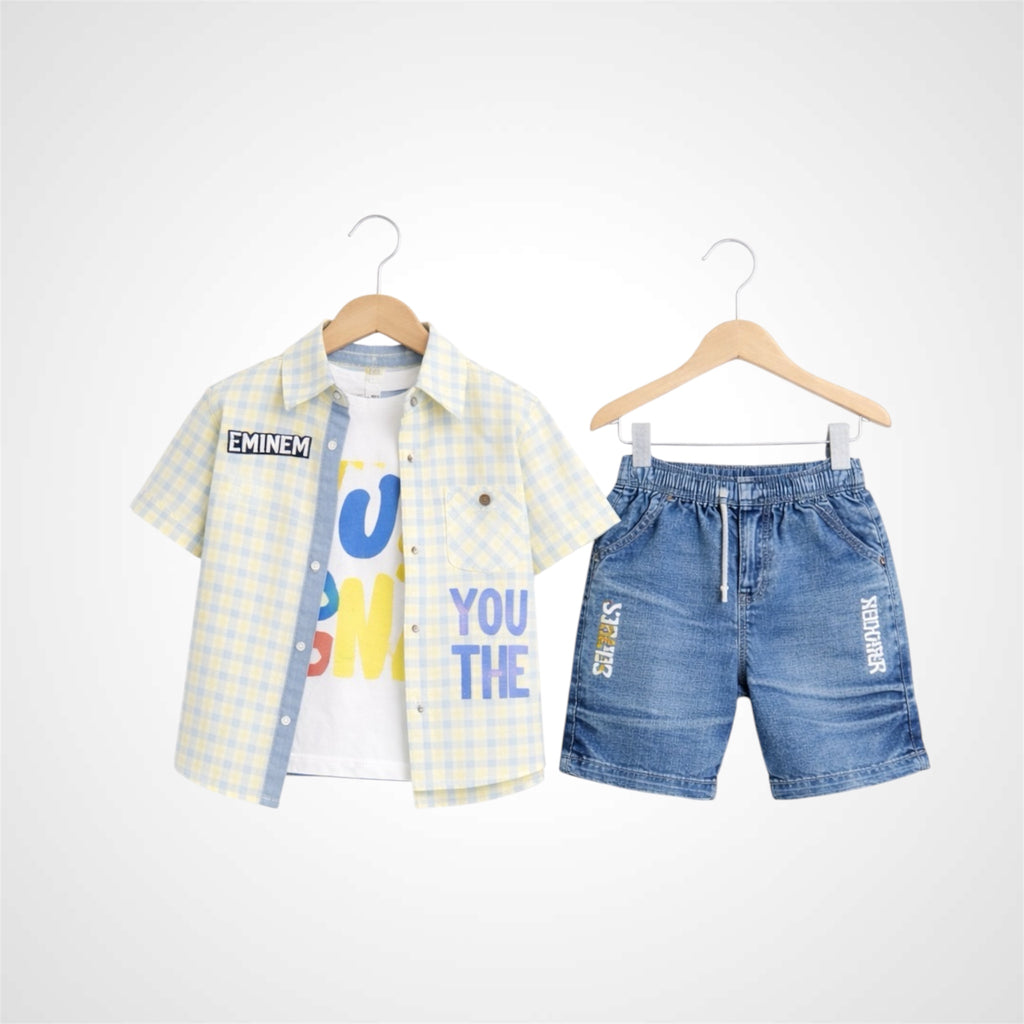 Boys 3-Piece Summer Outfit Set - Shirt With Tee & Denim Shorts