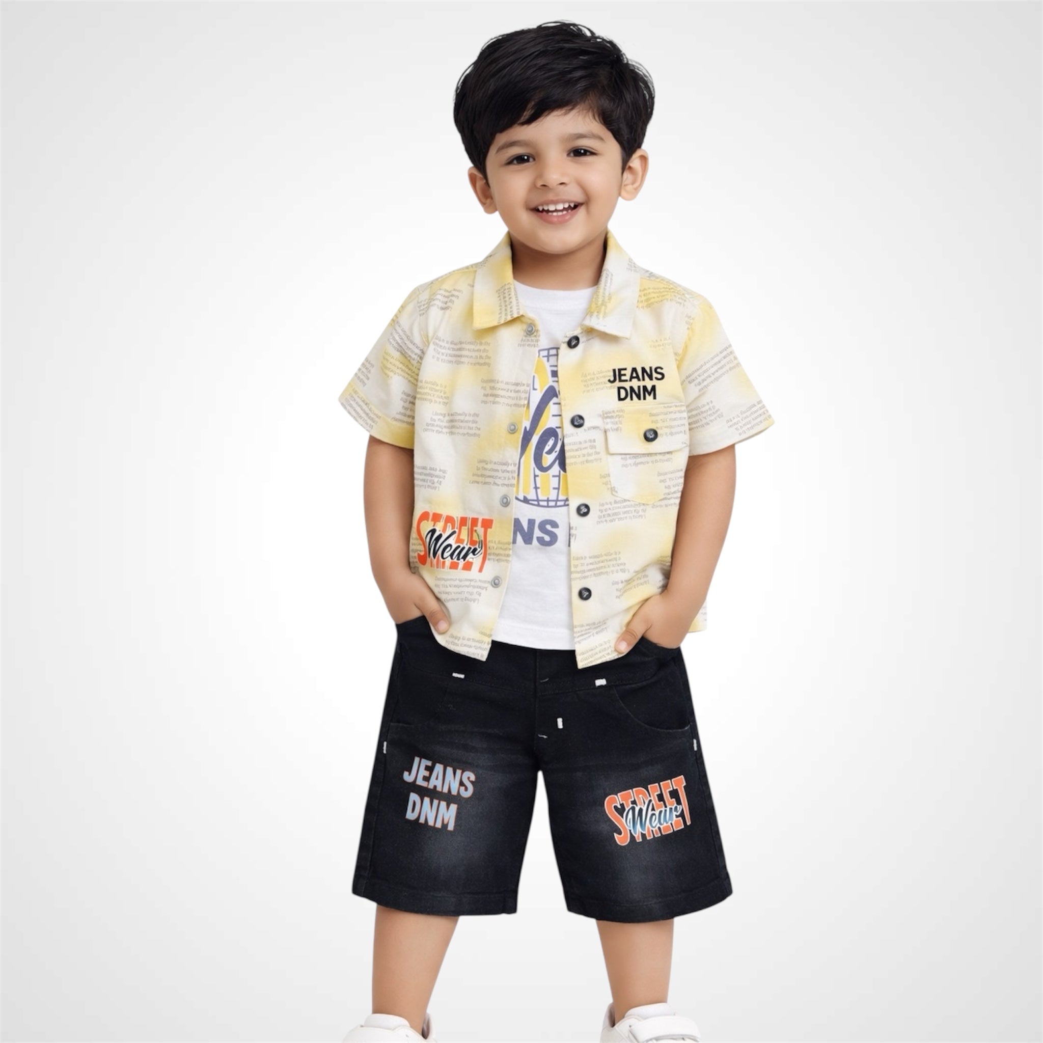 Kids 3-Piece Summer Casual Outfit | Shirt,Tee & Denim Shorts Set