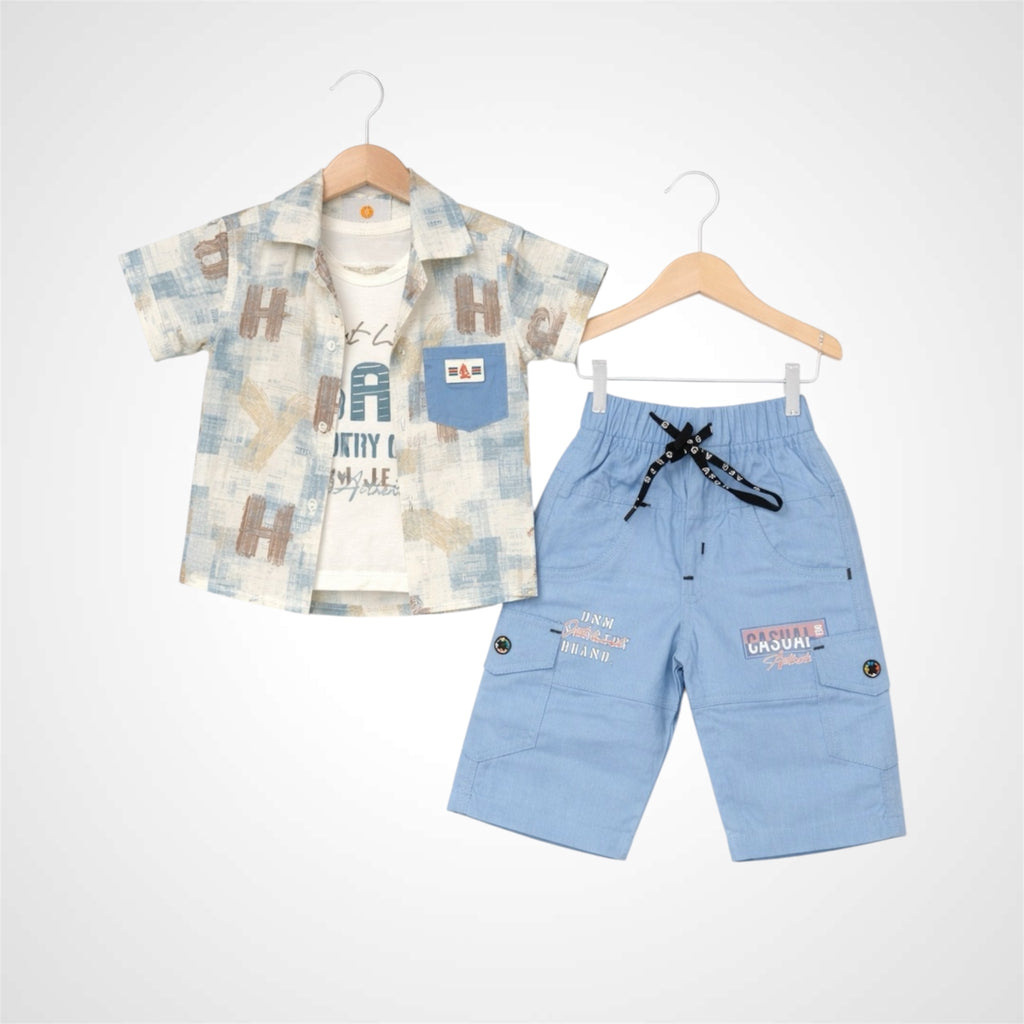 Kids 3-Piece Summer Casual Outfit | Shirt,Tee & Denim Shorts Set