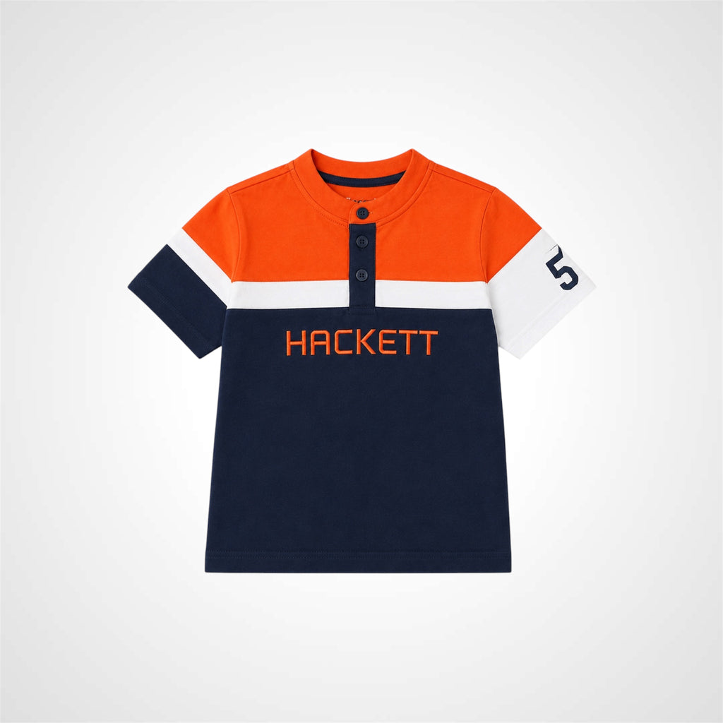 Young boy wearing a stylish Henley neck branded graphic t-shirt 