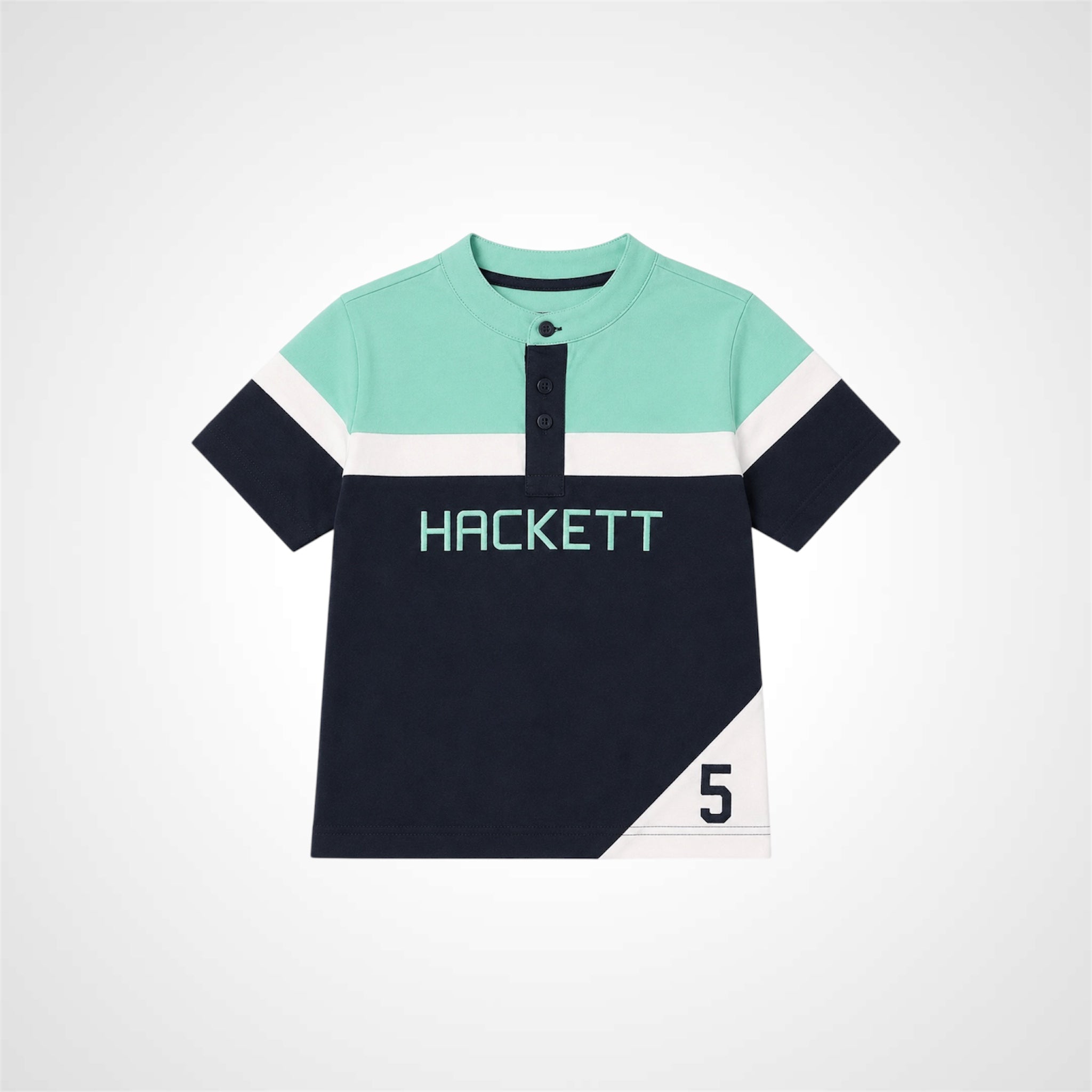 Young boy wearing a stylish Henley neck branded graphic t-shirt 