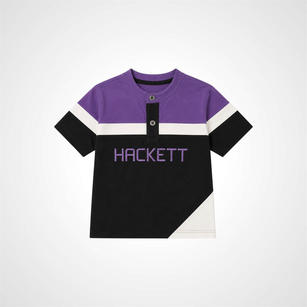 Young boy wearing a stylish Henley neck branded graphic t-shirt 