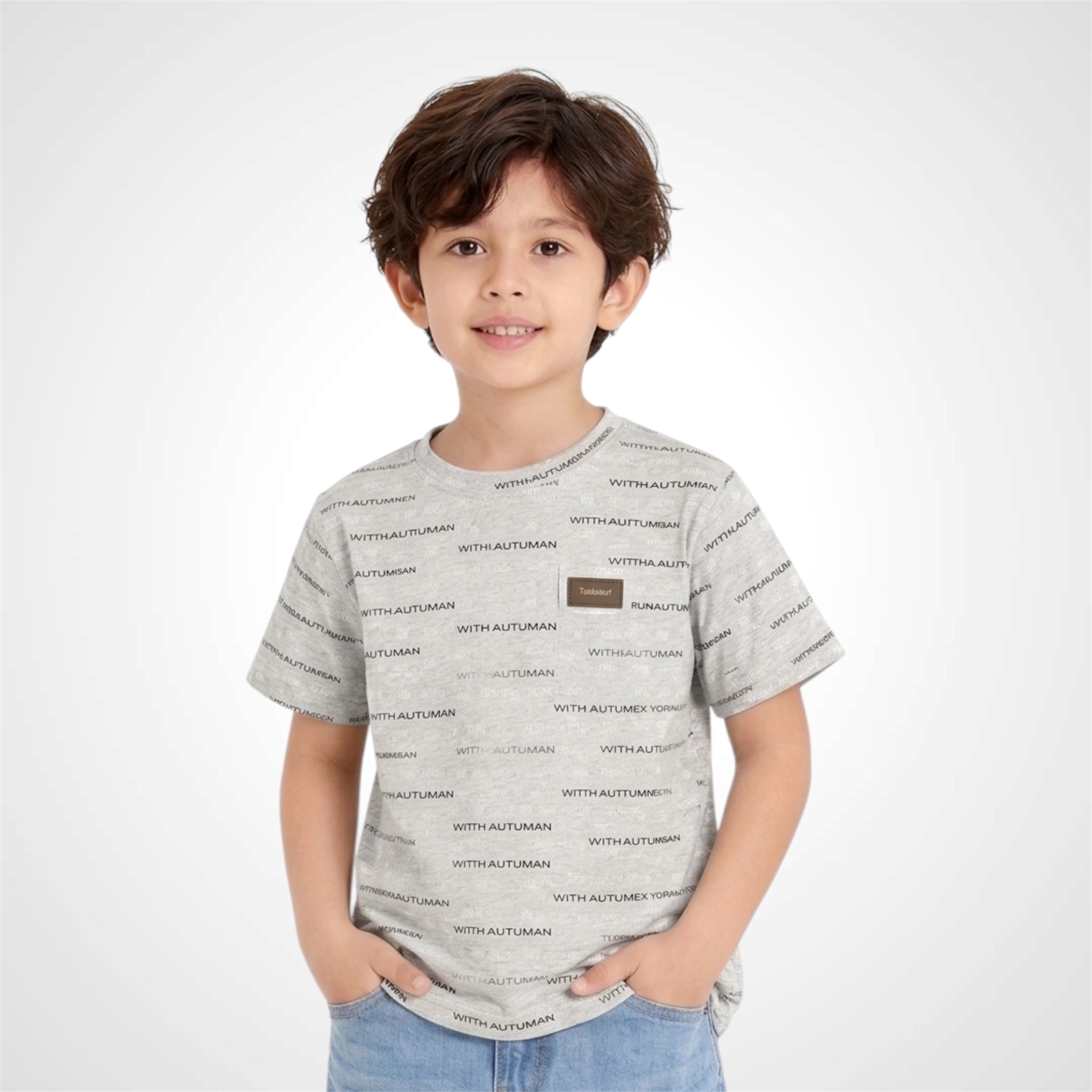 Child wearing a gray t-shirt with text on a white background