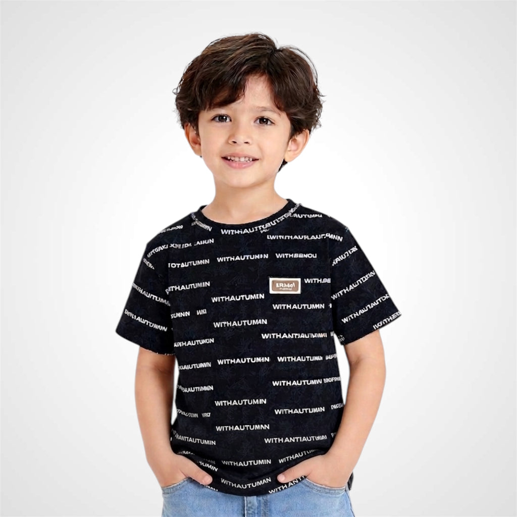 Child wearing a black t-shirt with text on a white background
