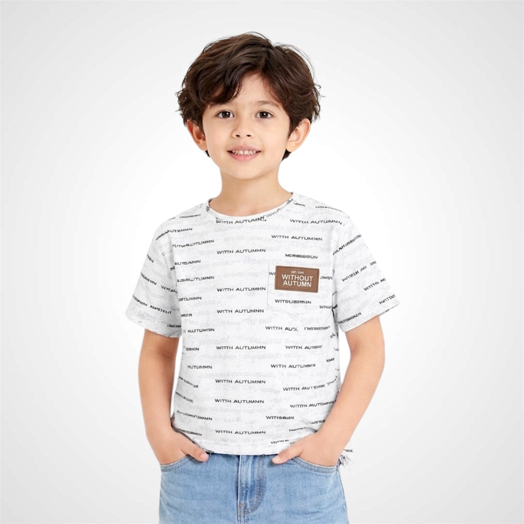 Child wearing a white t-shirt with text and a logo on a white background