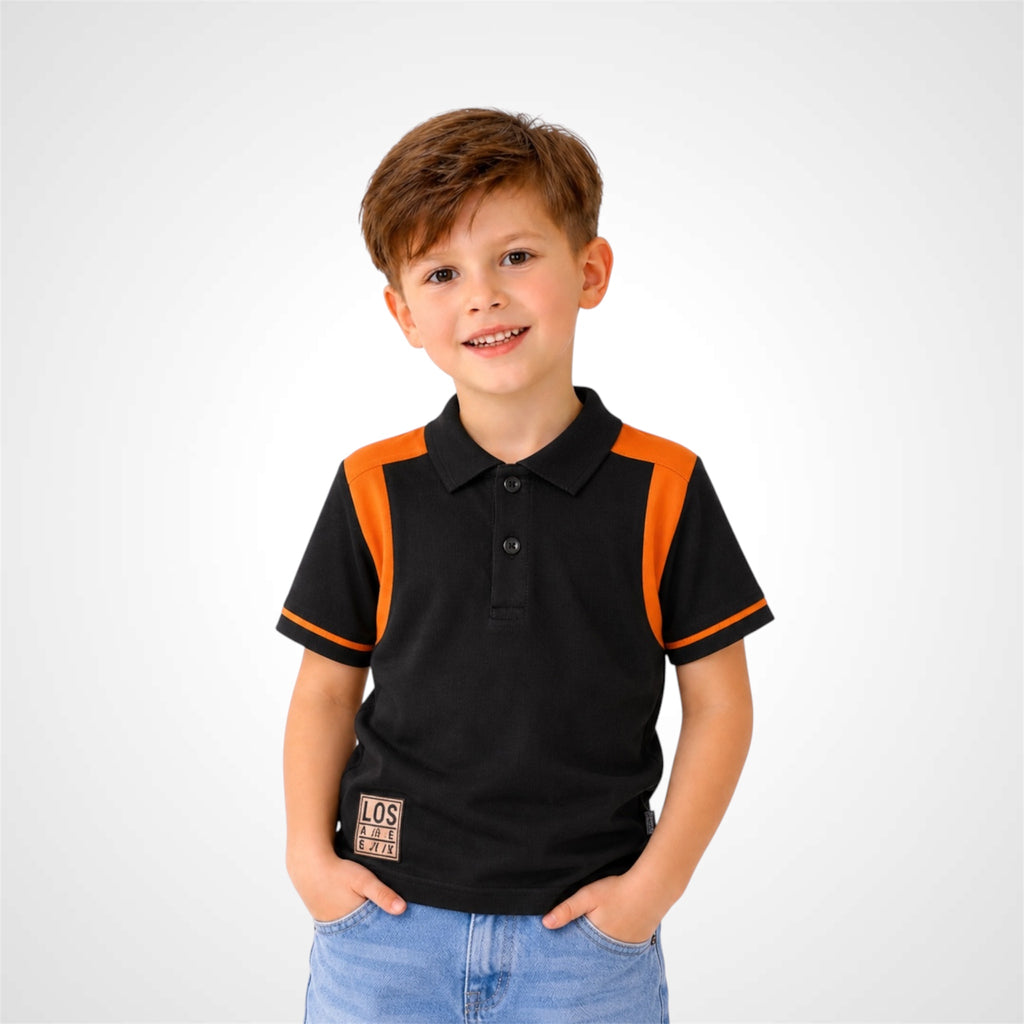 Boys premium cotton polo shirt with sporty contrast design and button collar.