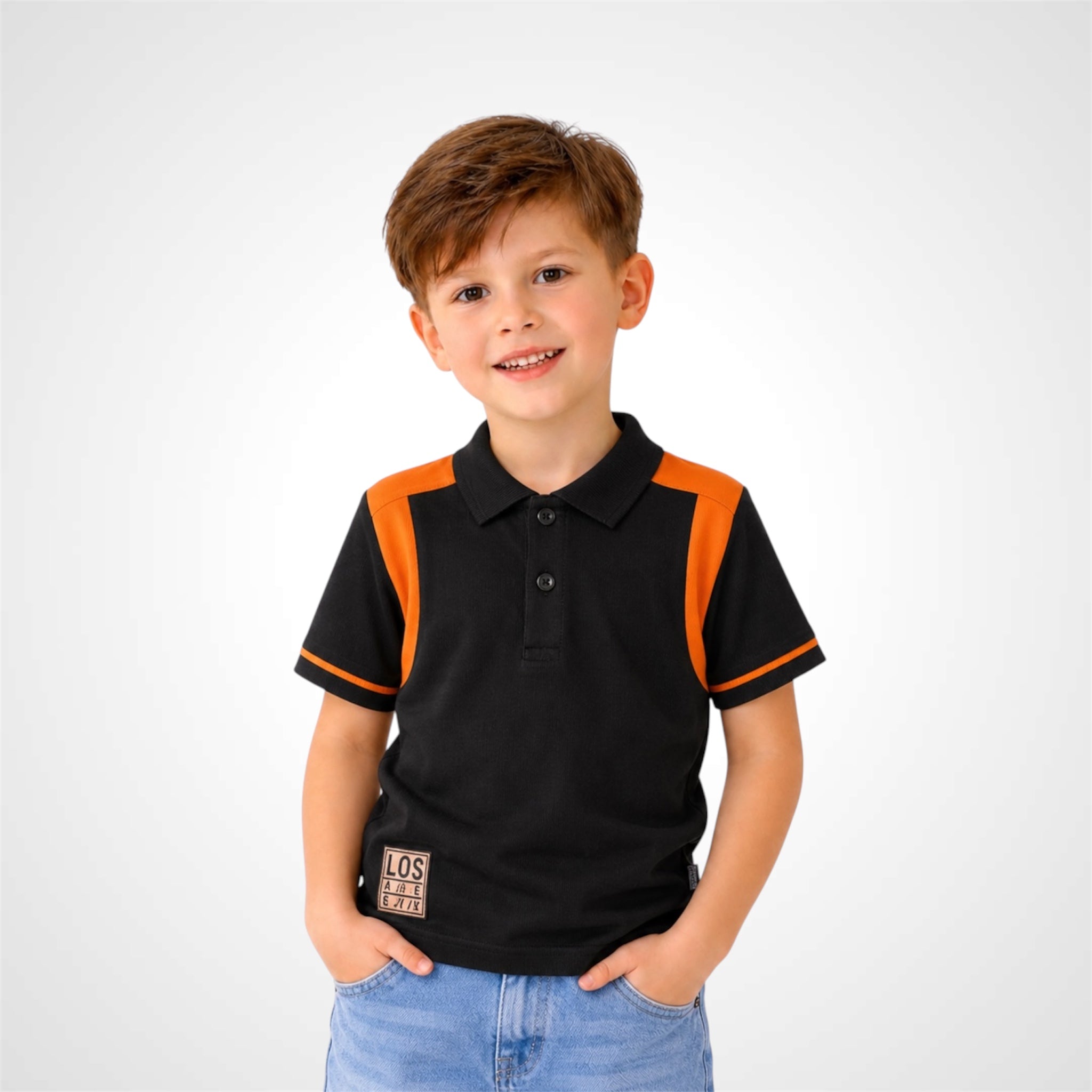 Boys premium cotton polo shirt with sporty contrast design and button collar.