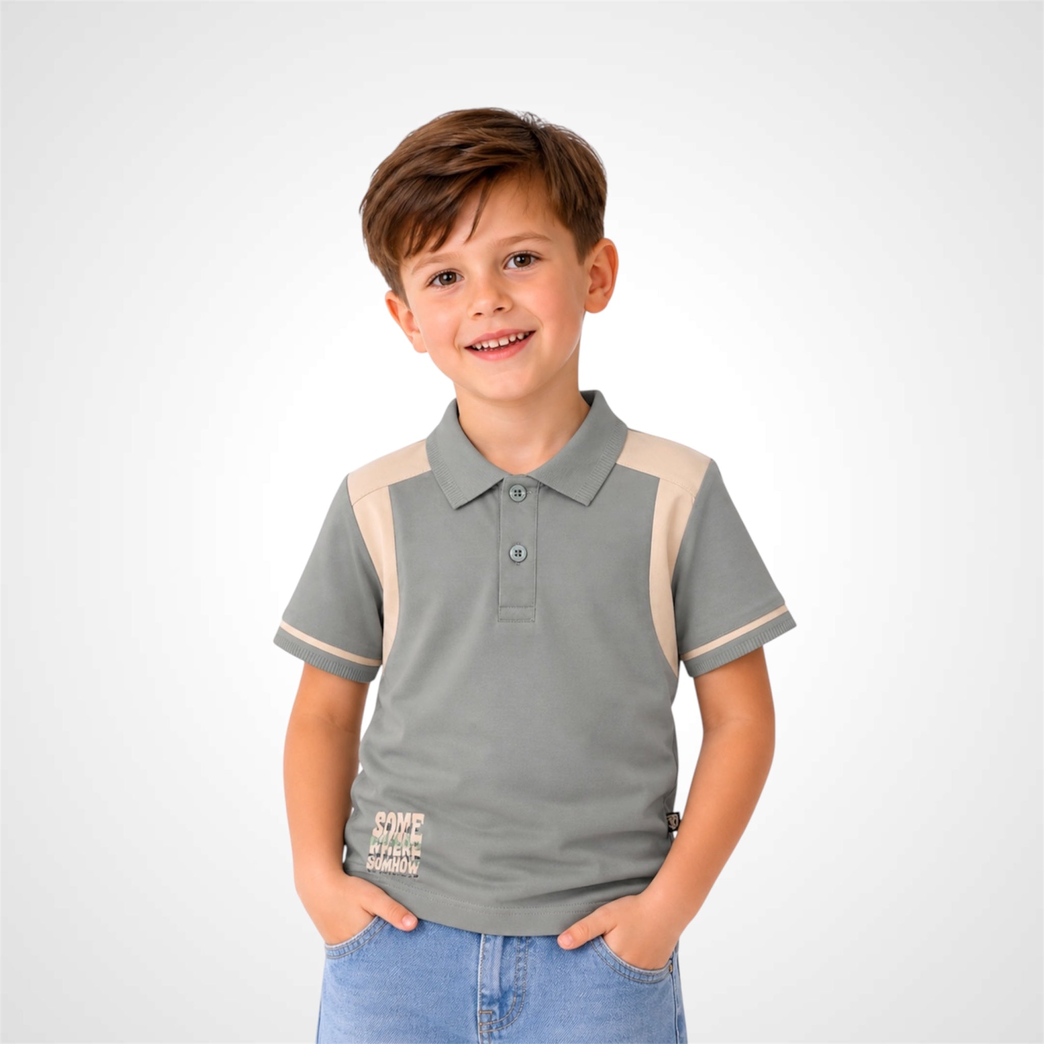 Boys premium cotton polo shirt with sporty contrast design and button collar.