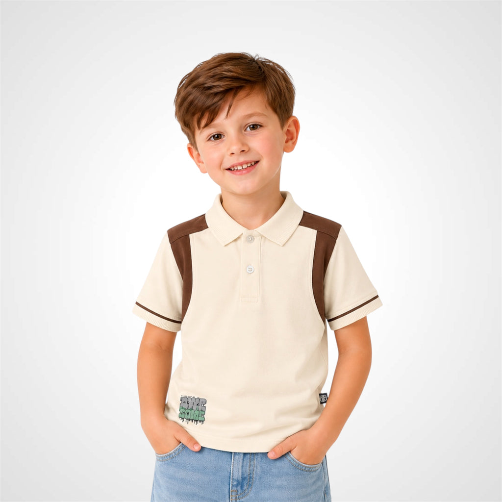 Boys premium cotton polo shirt with sporty contrast design and button collar.