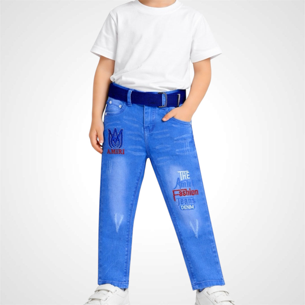 Boy's Premium Fashion Comfort Fit Jeans with signature embroidery and adjustable webbing belt.