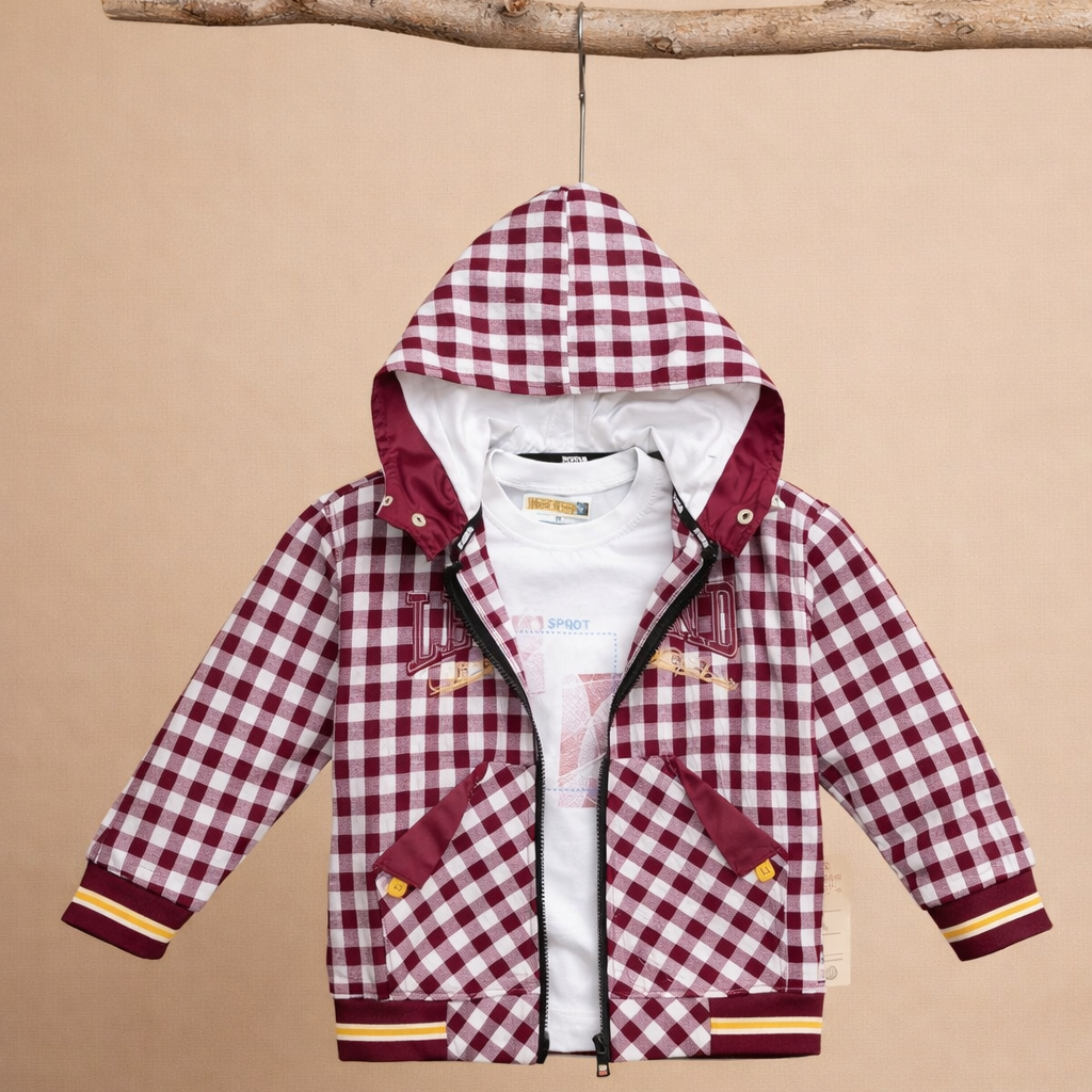 Premium kids 2-piece clothing set featuring a checkered hooded shirt and inner tee 1.