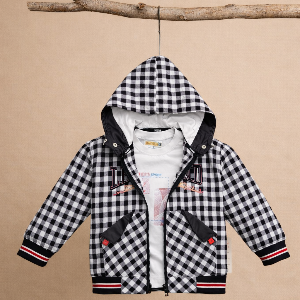 Premium Gingham Checkered Kids Hooded Shirt | 2 Piece Set