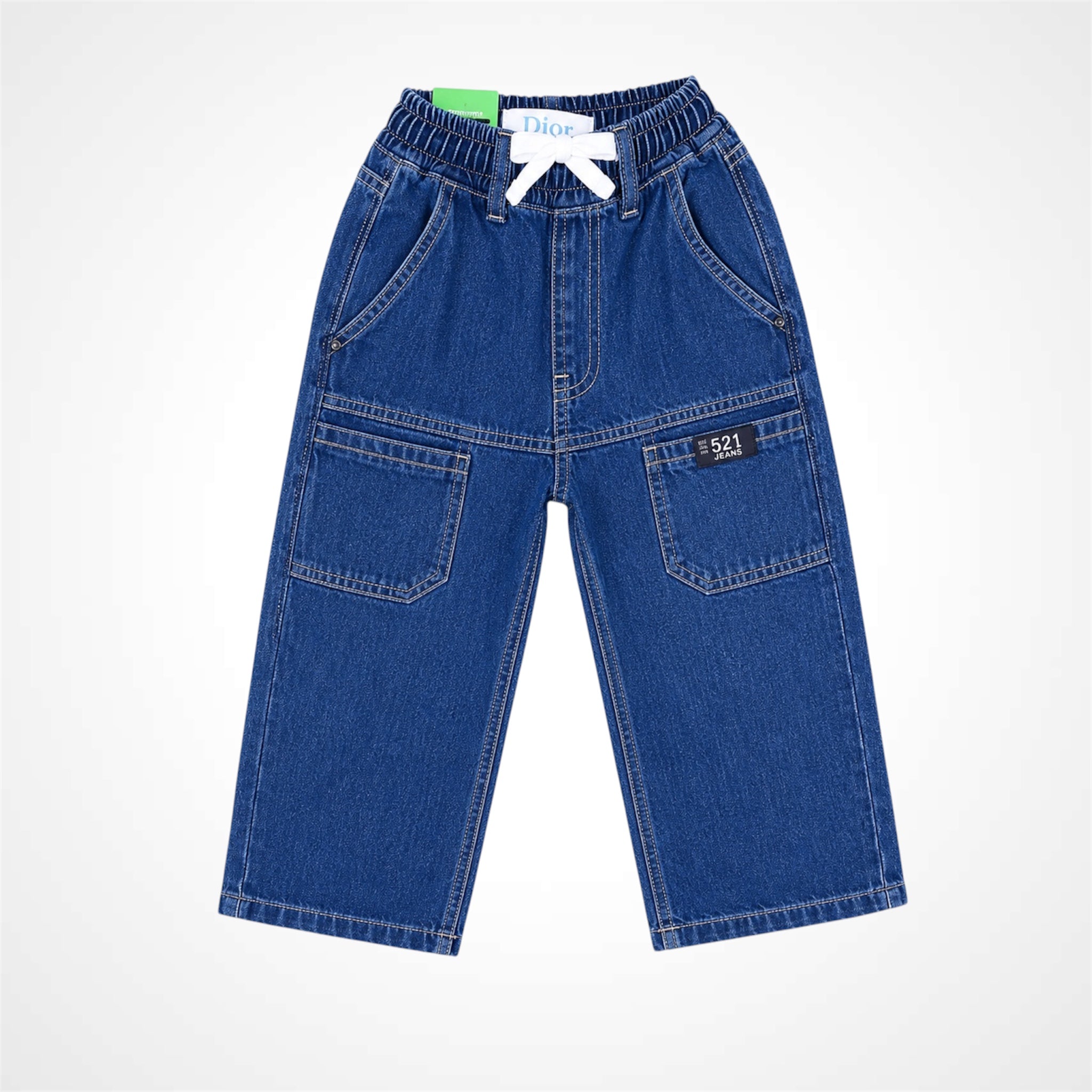 Blue denim pants with a brand label on a white background