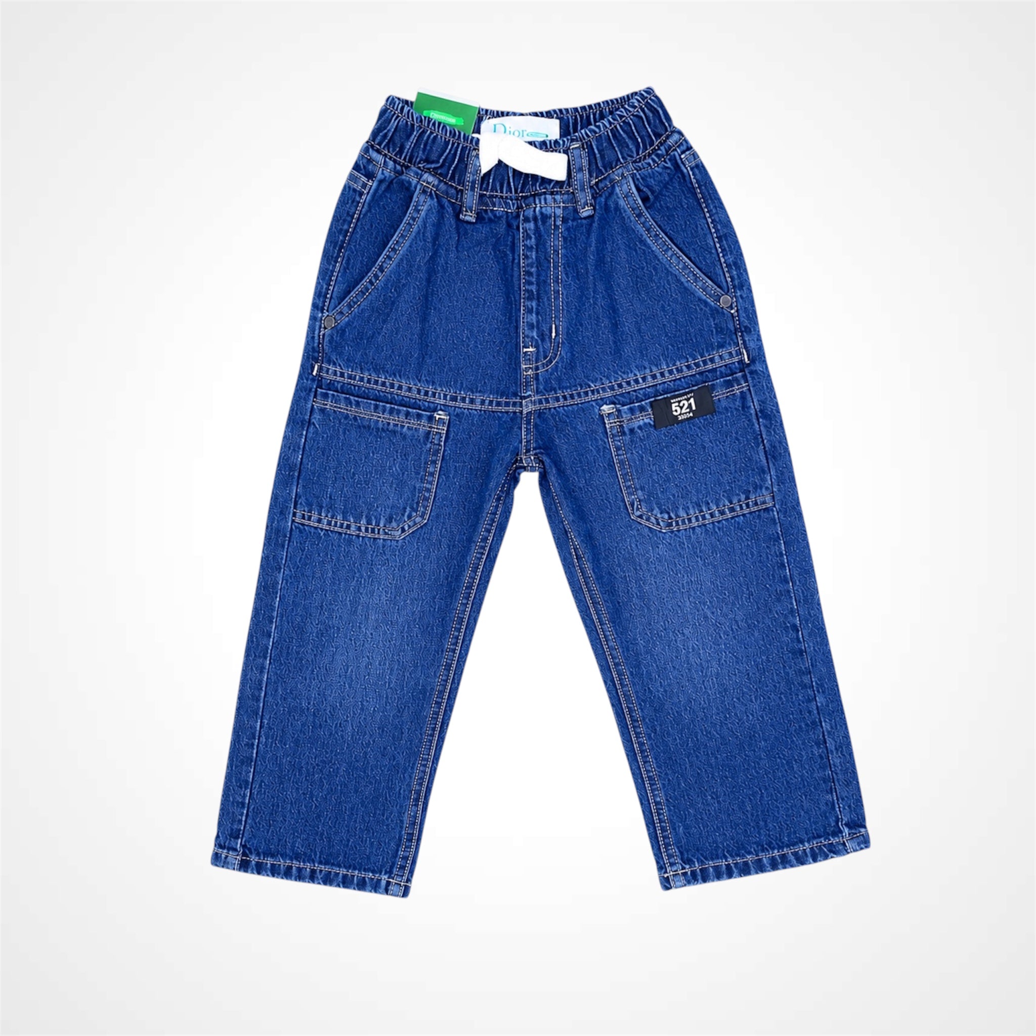 Blue jeans with a visible brand label on a white background