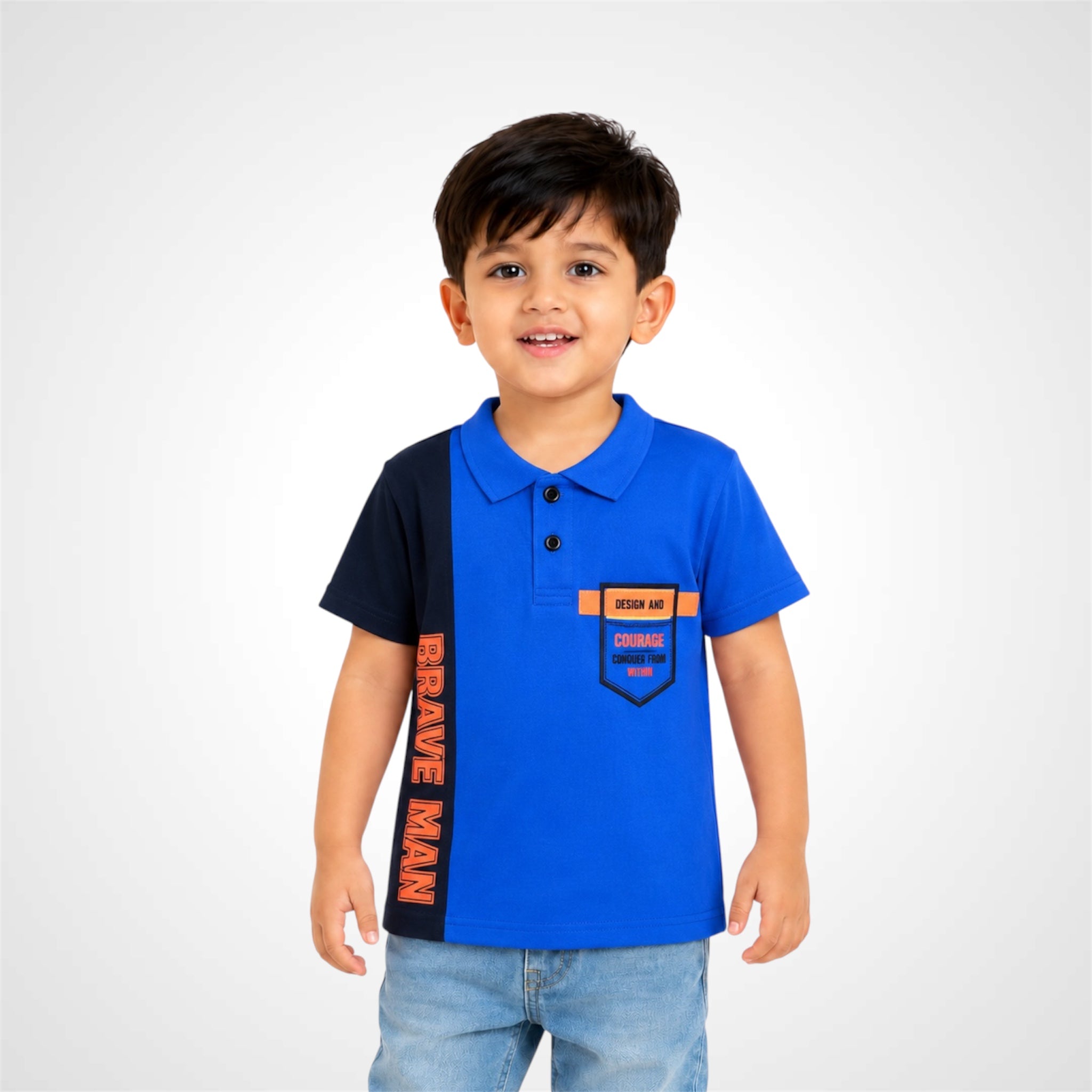 Child wearing a blue and black polo shirt with text on a white background