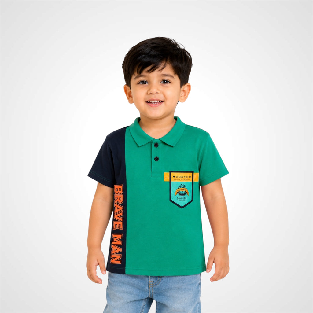 Child wearing a green and black polo shirt with a colorful pocket design on a white background