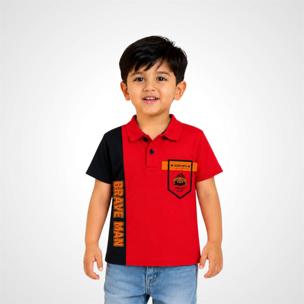 Child wearing a red and black polo shirt with a badge design on a white background