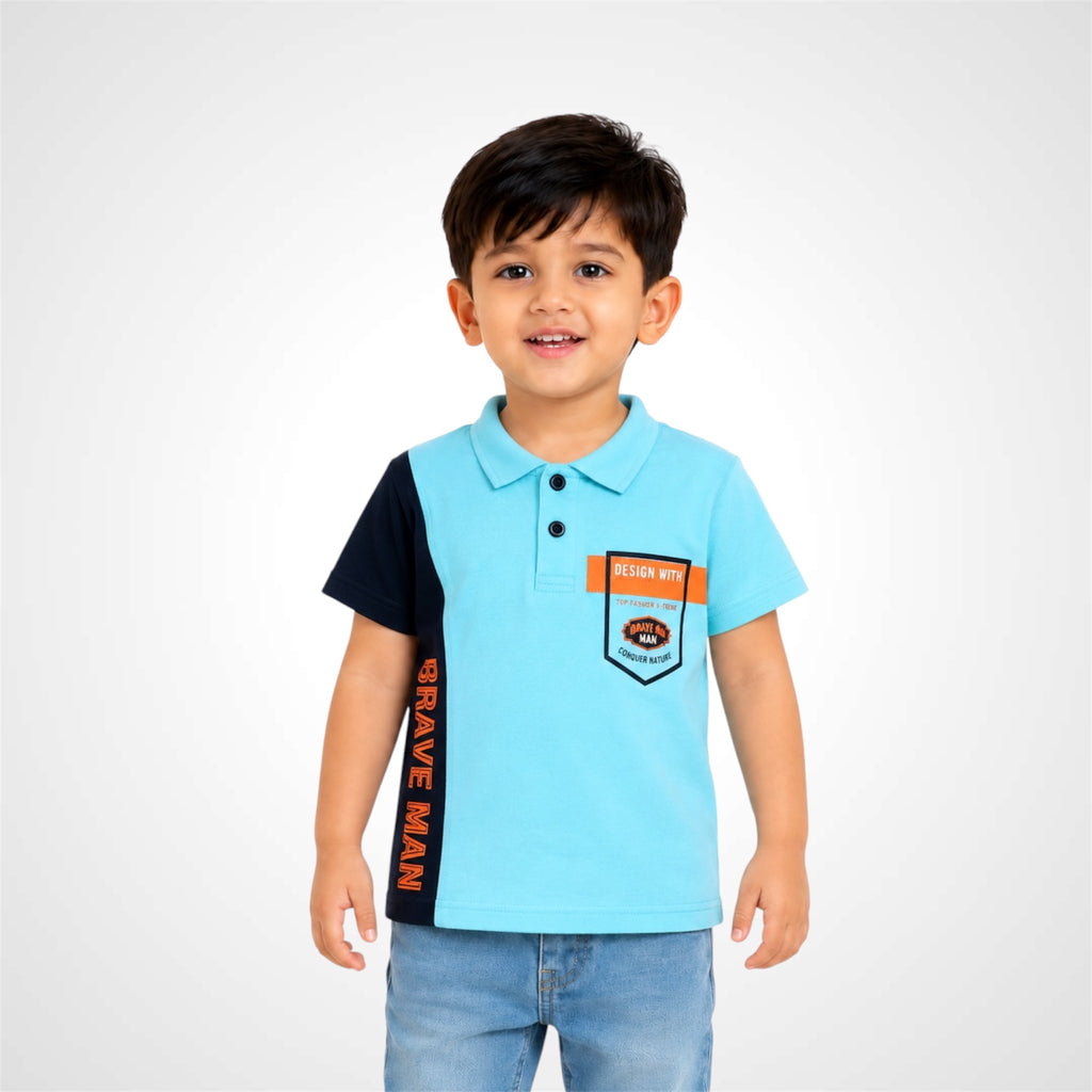 Child wearing a light blue polo shirt with black sleeves and orange accents on a white background