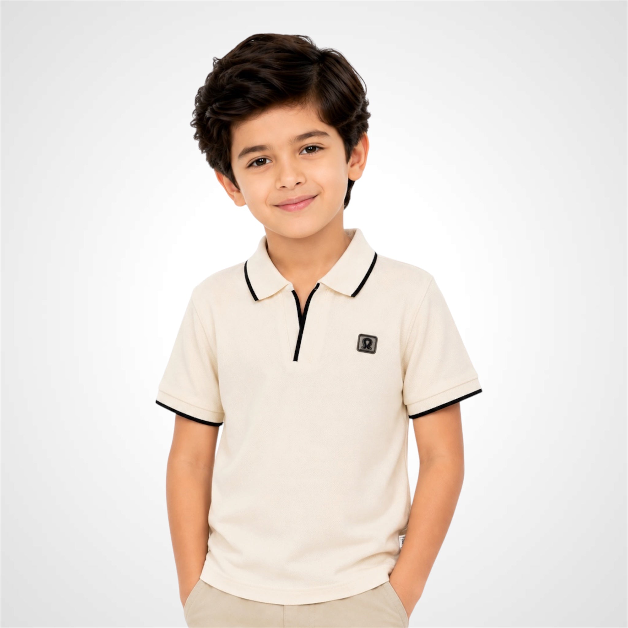 Child wearing a brown polo shirt with a logo on a white background