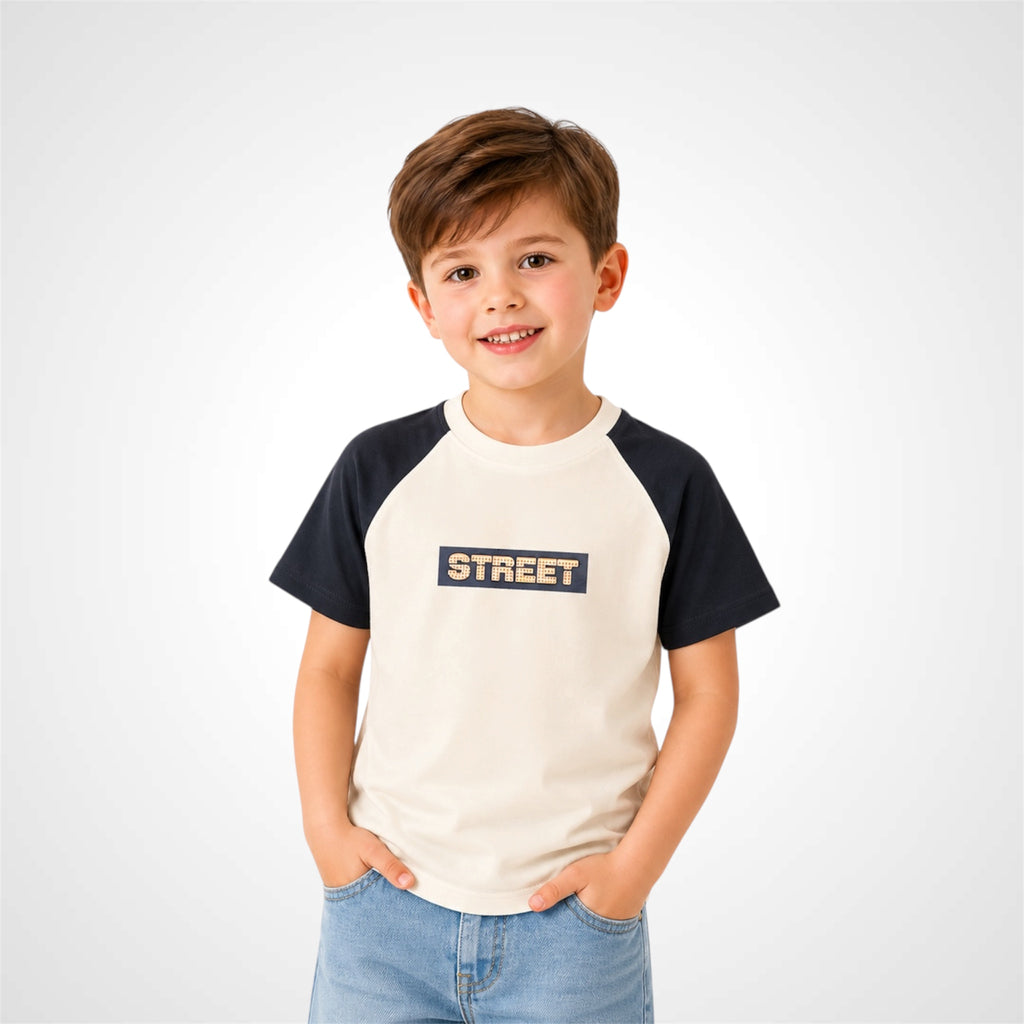 Kids graphic raglan t-shirt with street print for casual wear.