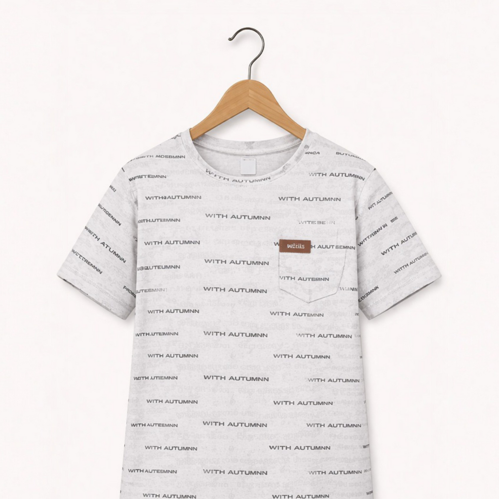 Gray t-shirt with text pattern on a hanger against a white background