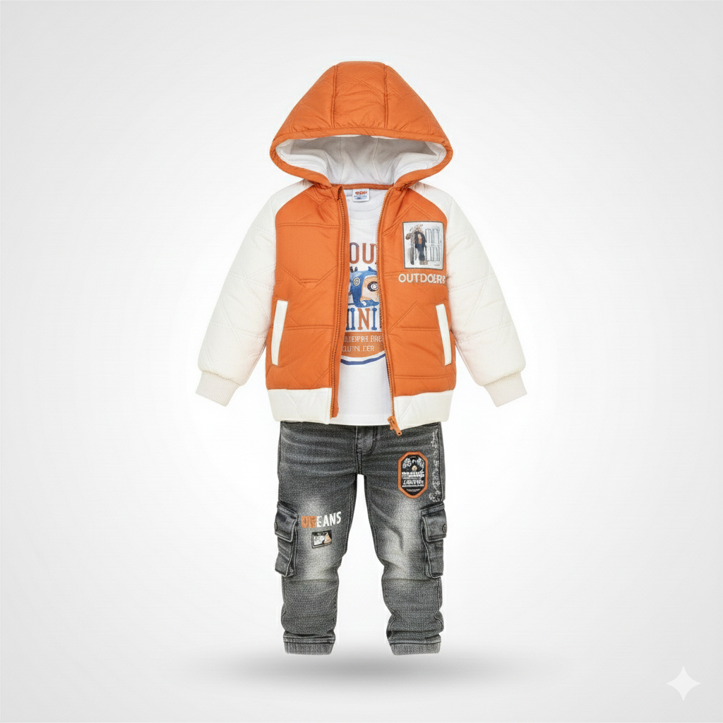 Premium Kids 3Pcs Hooded Puffer Jacket Orange White and Denim Cargo Suit 1