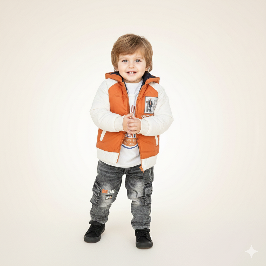 Premium Kids 3Pcs Hooded Puffer Jacket Orange White and Denim Cargo Suit 2