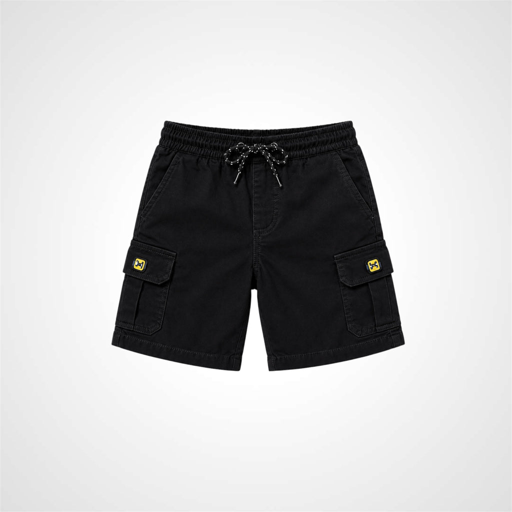 Black cargo shorts with yellow patches on a white background