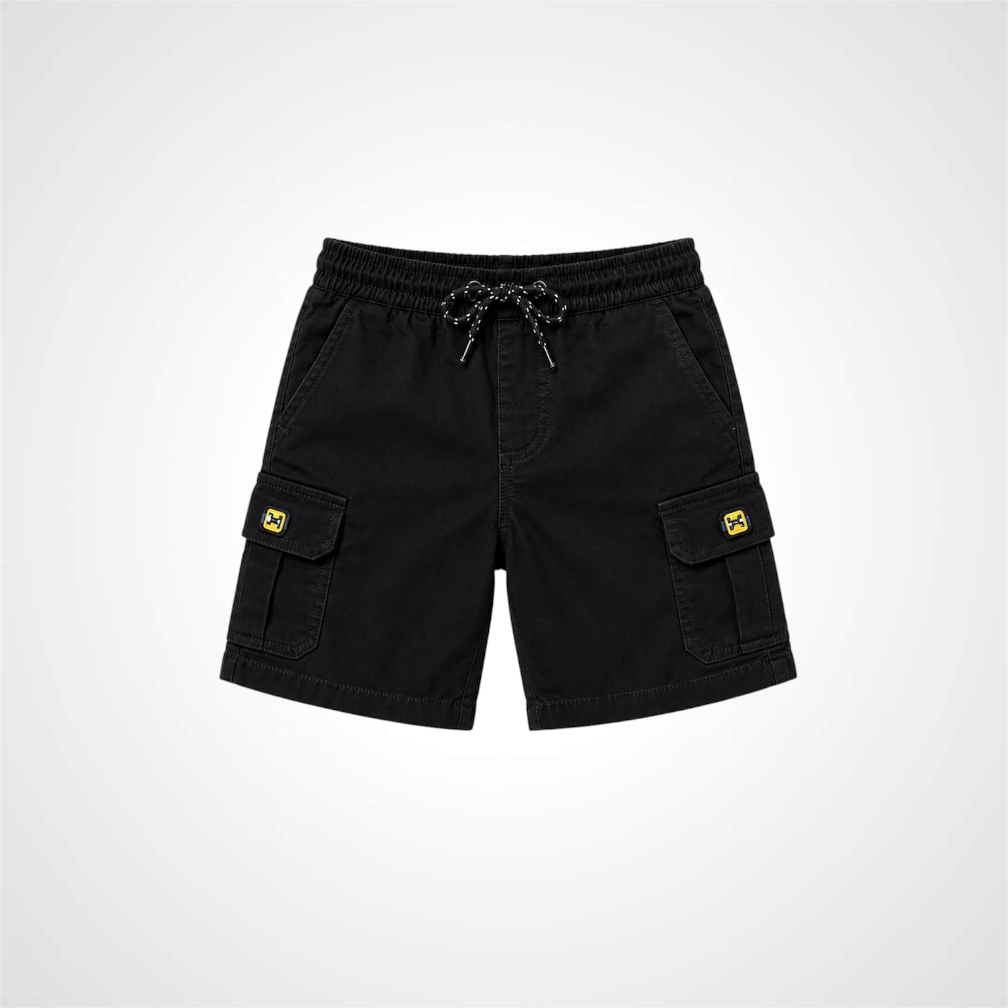 Black cargo shorts with yellow patches on a white background