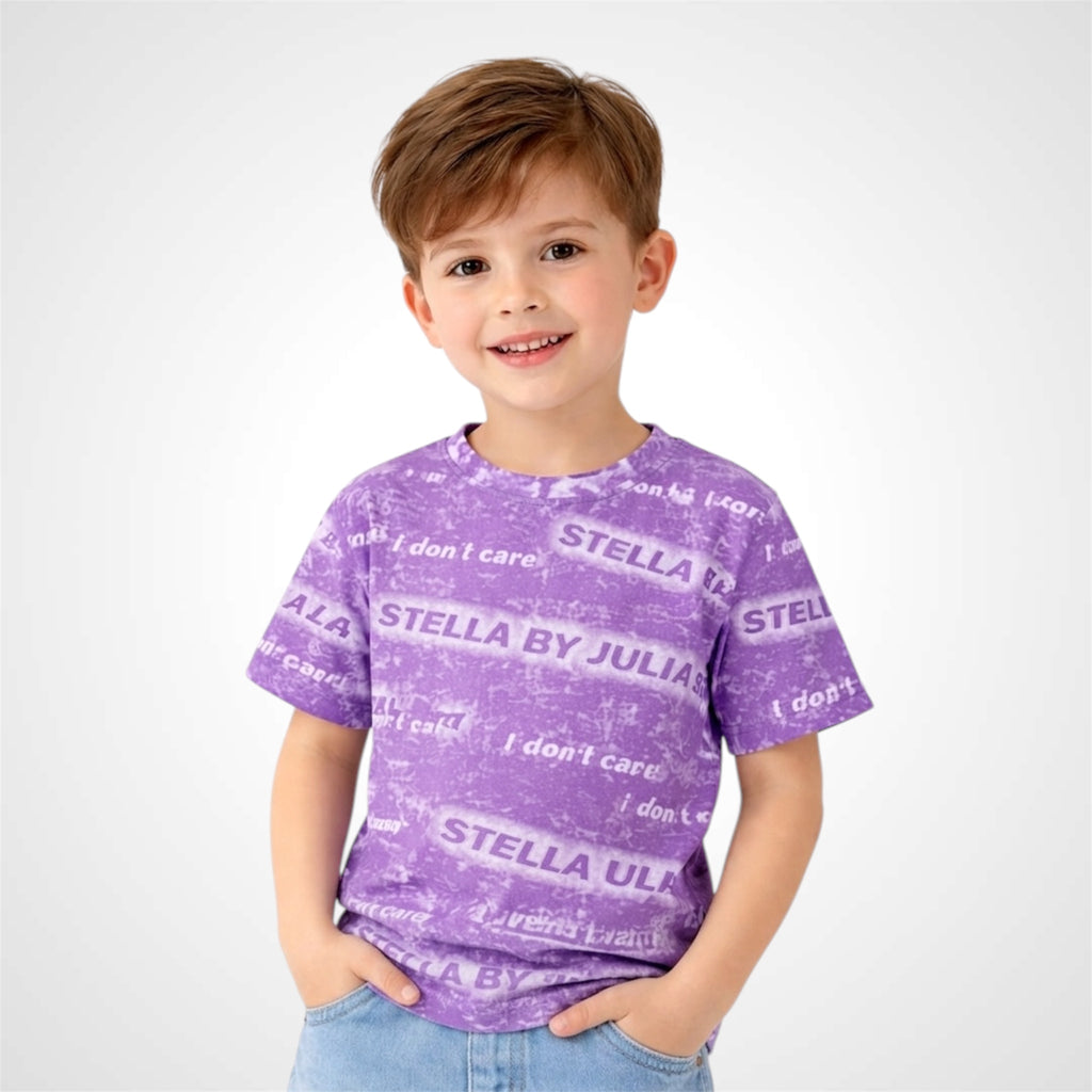 Child wearing a purple t-shirt with text, standing against a white background