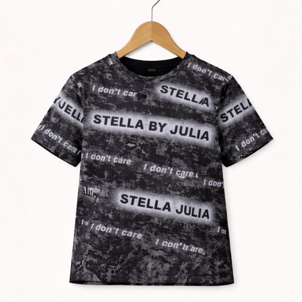 Black t-shirt with text design on a hanger against a white background