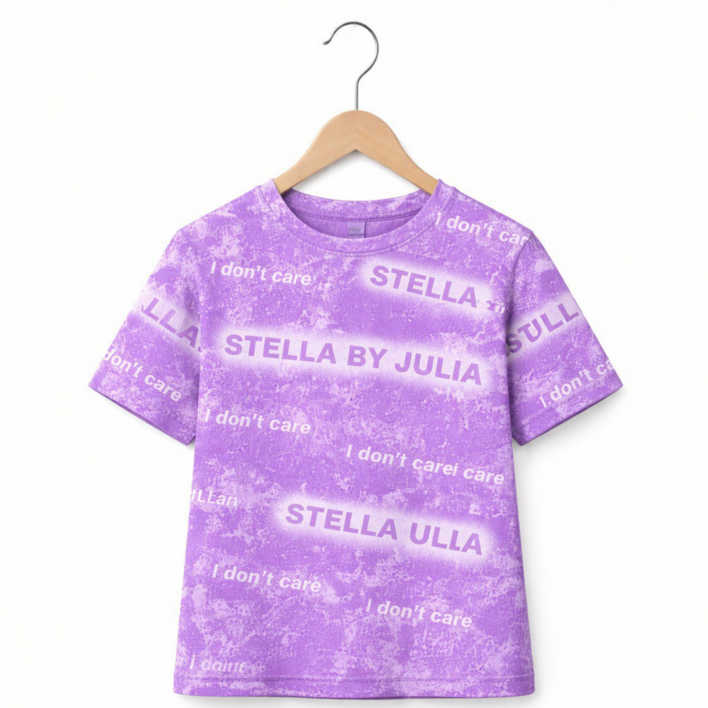 Child wearing a purple t-shirt with text, standing against a white background