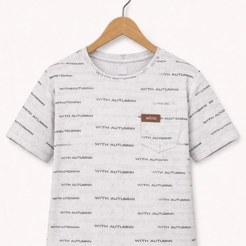 Gray t-shirt with text pattern on a hanger against a white background