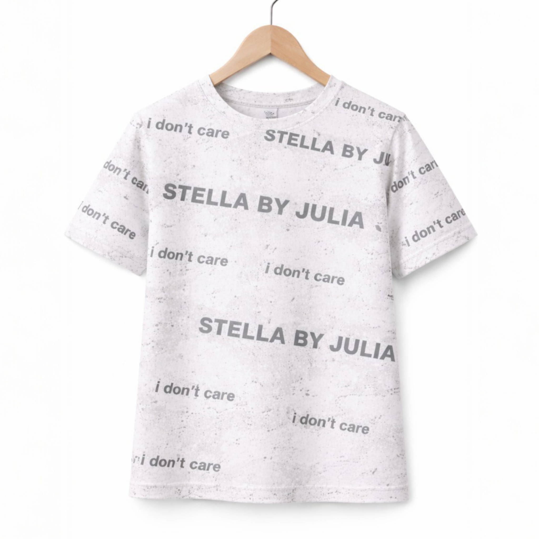 Gray t-shirt with 'Stella by Julia' and 'I don't care' text on a white background