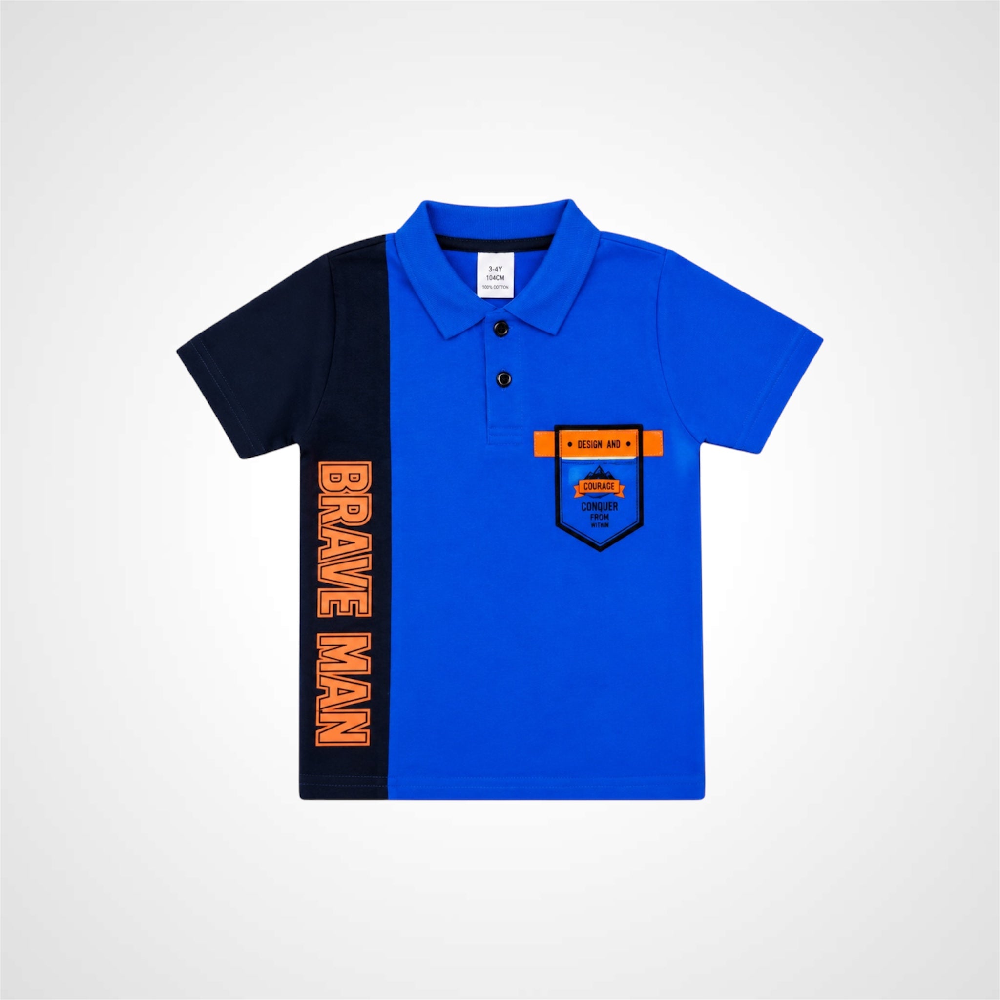 Blue and black polo shirt with 'Brave Man' text on a white background