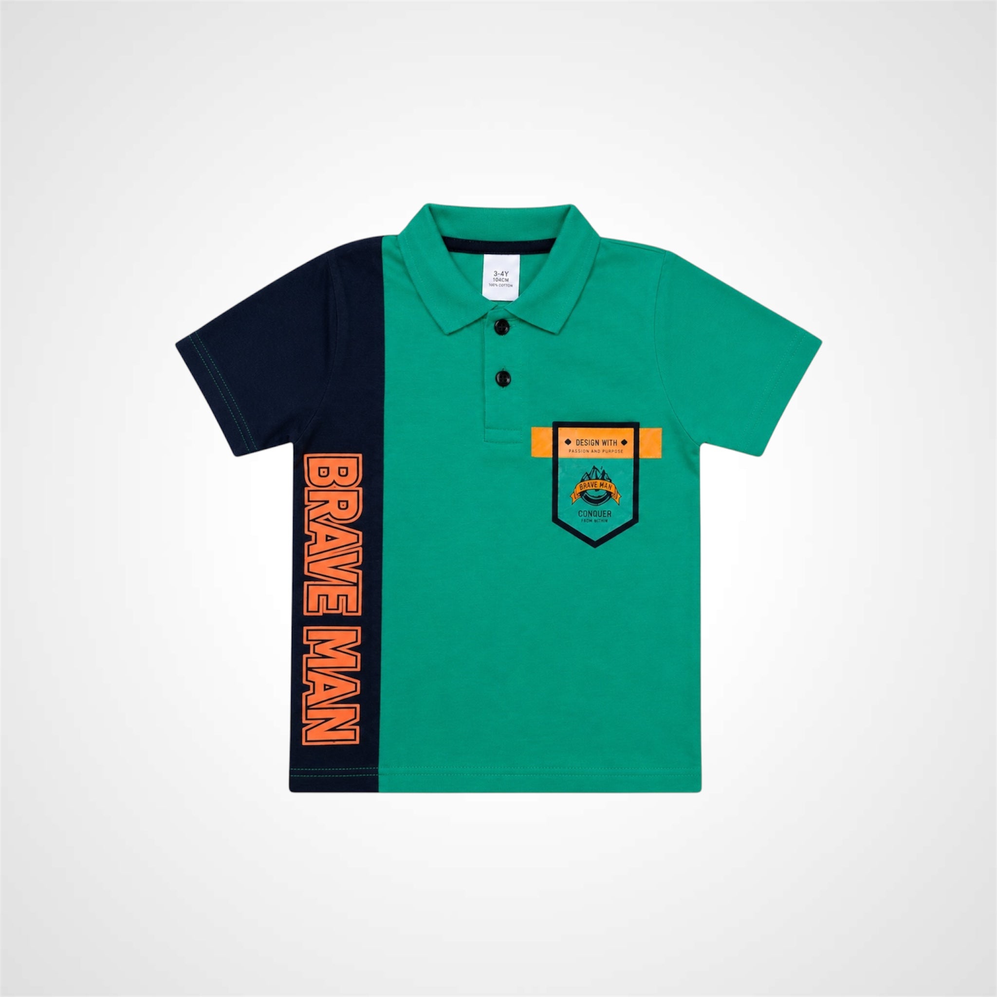 Green and navy polo shirt with 'Brave Man' text on a white background
