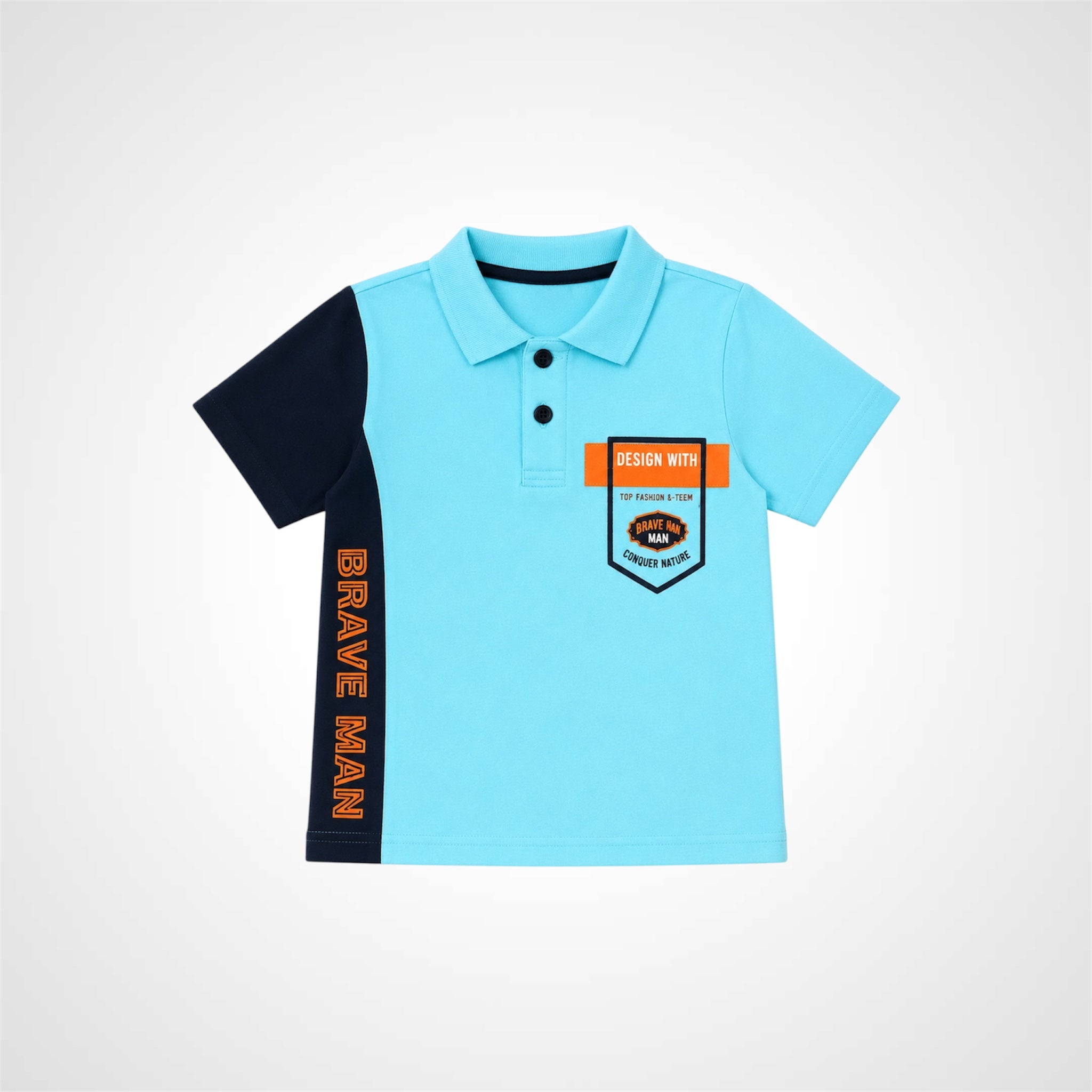 Light blue polo shirt with black sleeves and 'Brave Man' text on a white background