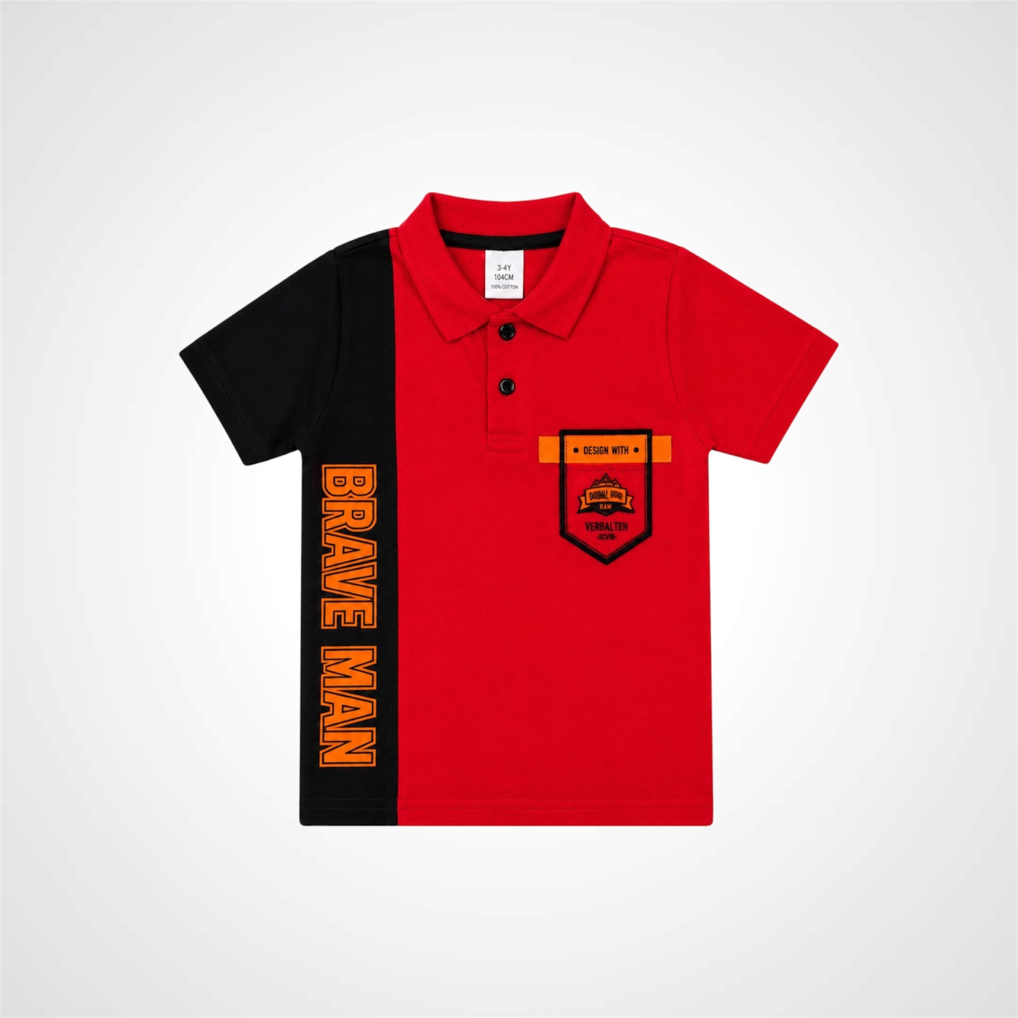 Red and black polo shirt with 'Brave Man' text on a white background