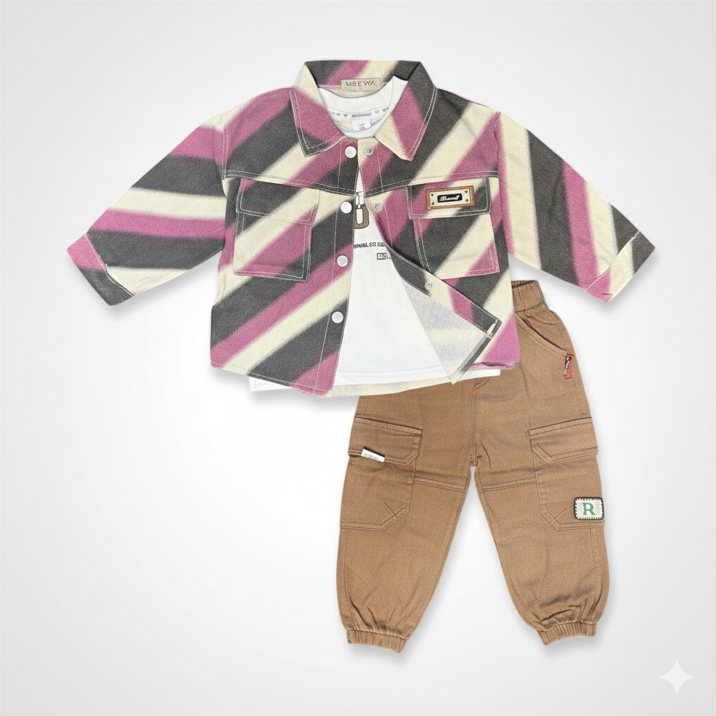 High-Quality Striped Shacket Fabric Texture | Pink Grey and Black Kids Luxury Clothing