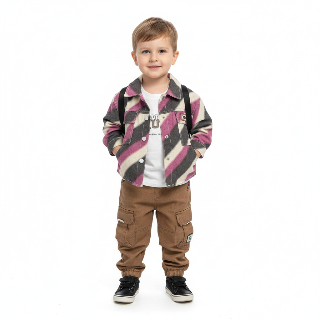 Premium Kids' Striped Shacket 3Pcs Outfit with Pink Black and Grey Stripes and Tan Cargo Trousers