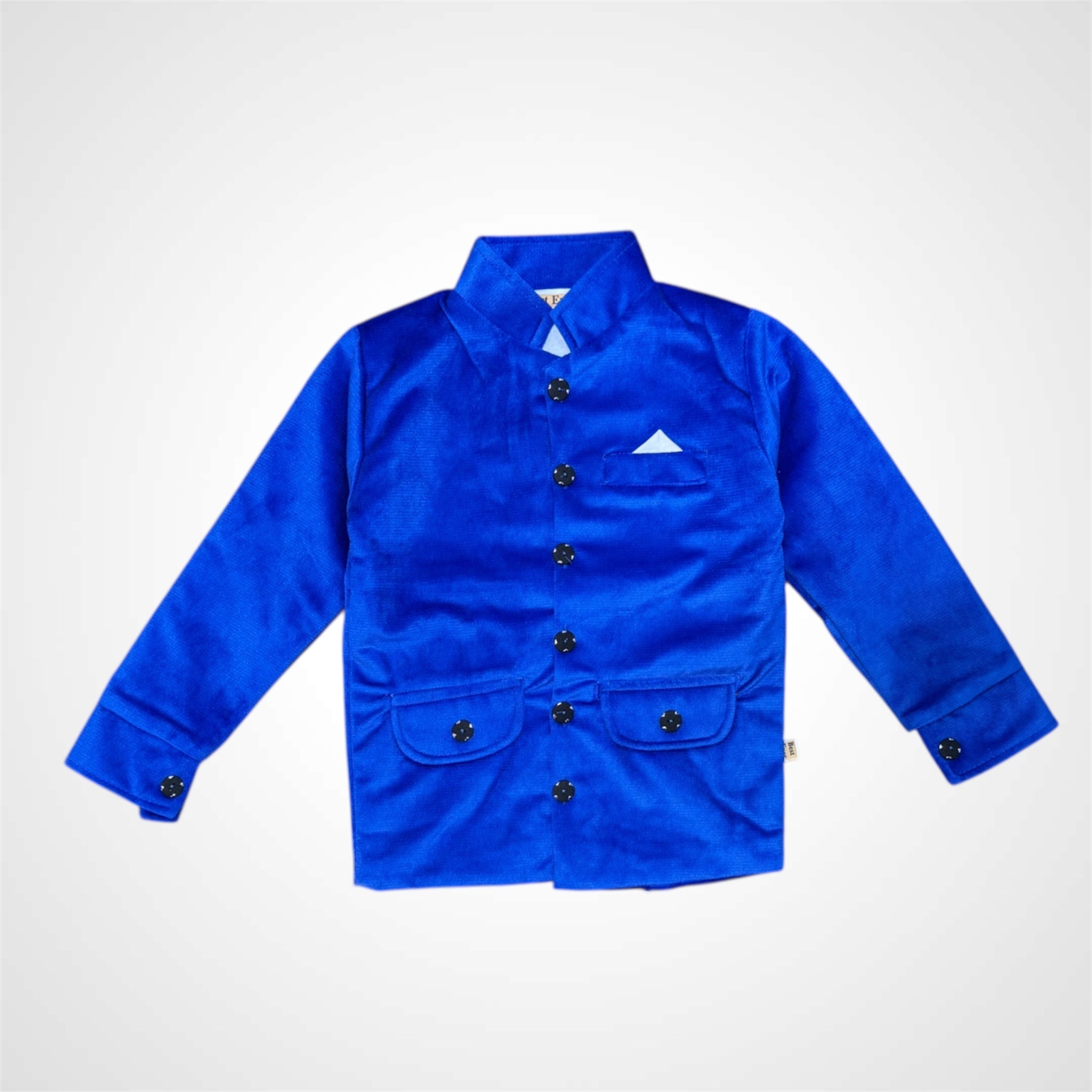 Young boy wearing a Teal Velvet Prince Coat with a Bandhgala collar. Kids luxury festive wear jacket in Blue